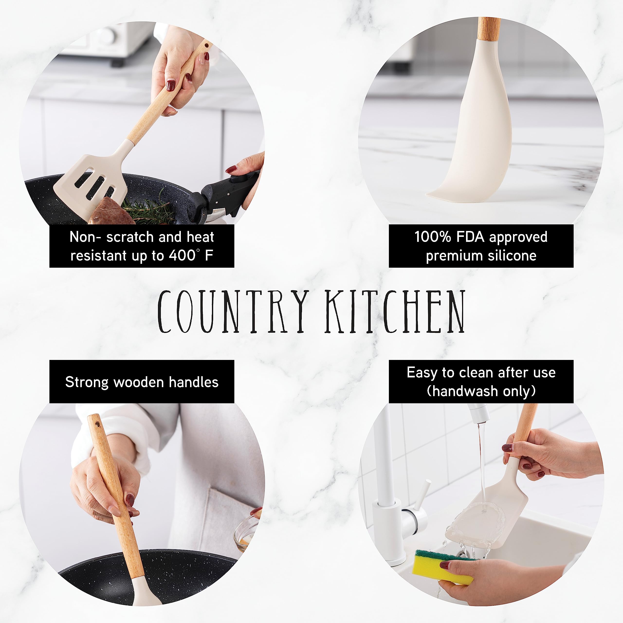 Country Kitchen Silicone Cooking Utensils, 14 Pc Kitchen Utensil Set, Easy To Clean Wooden Kitchen Utensils, Cooking Utensils Fo