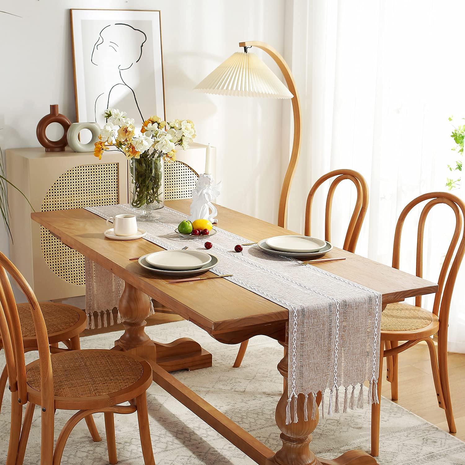 Chassic Fall Rustic Farmhouse Style Linen Table Runner, Boho Handmade Tassel Table Runners 90 Inches Long For Holiday Party, Tha