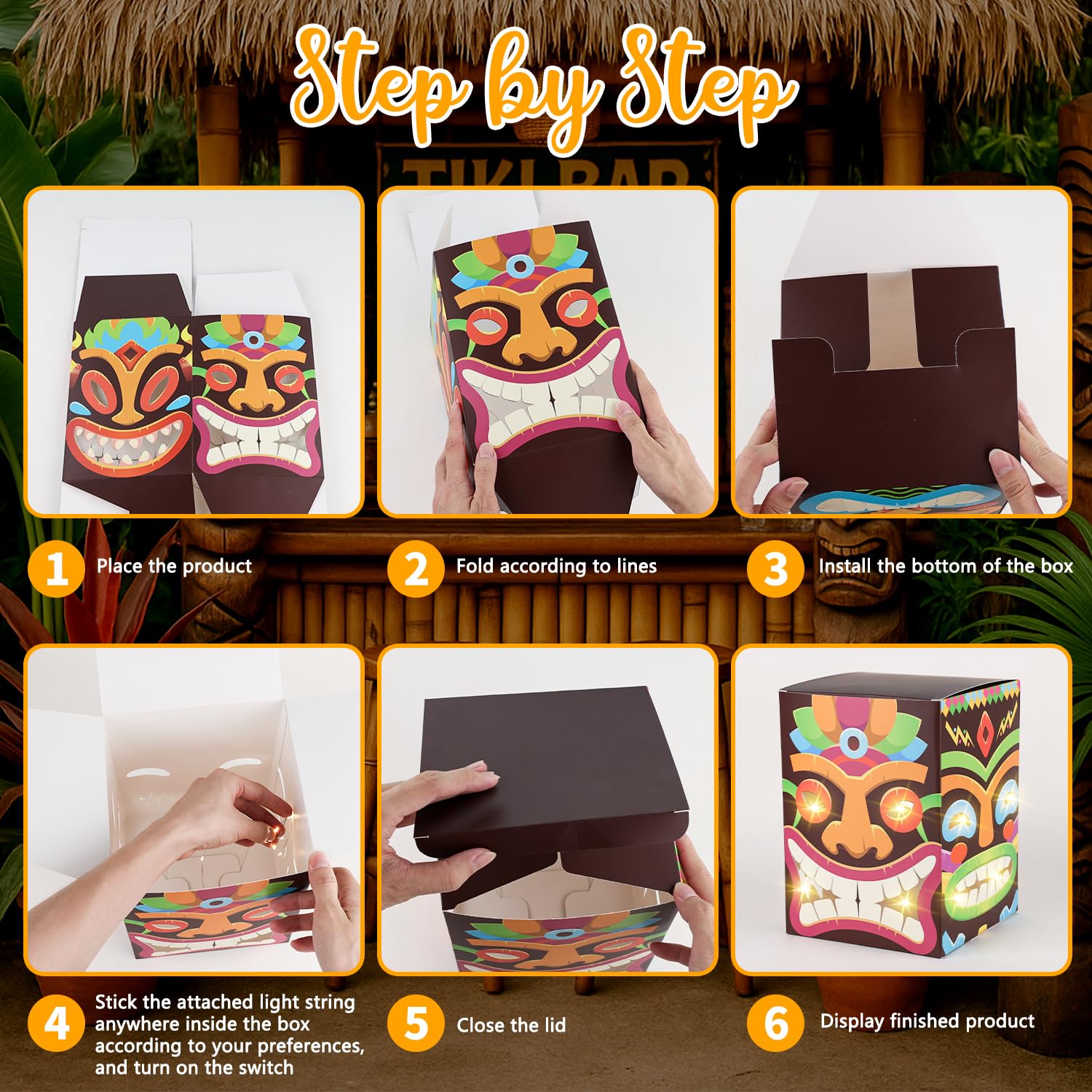 8 Pcs Tiki Totem Box Decor with Light, Luau Party Decorations for Hawaiian Birthday Party Tropical Aloha Decorations Tiki Lighte