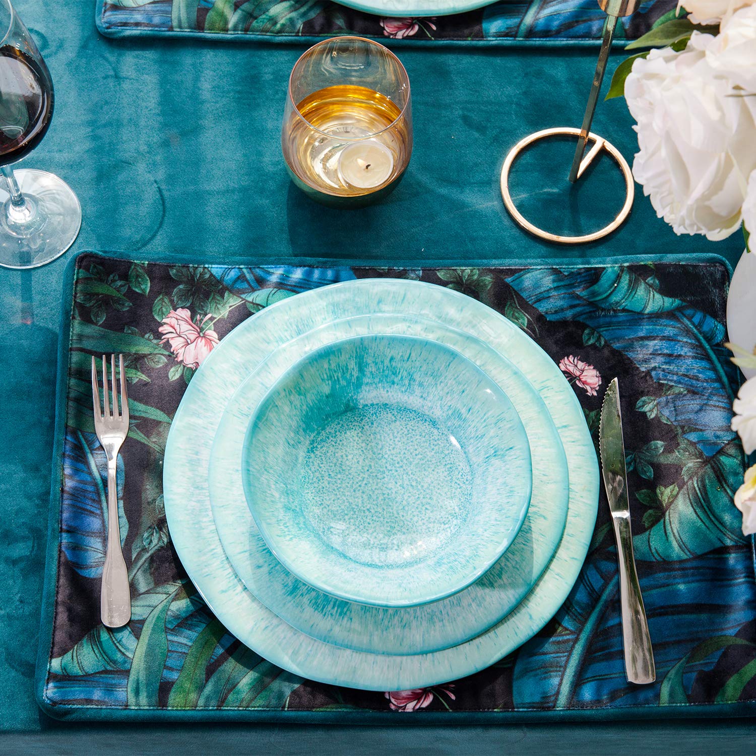 12 Pcs Melamine Dinnerware Sets, Durable Dishware Melamine Dinner Plates for Indoor and Outdoor, Aqua Plates and Bowls Sets, Dis