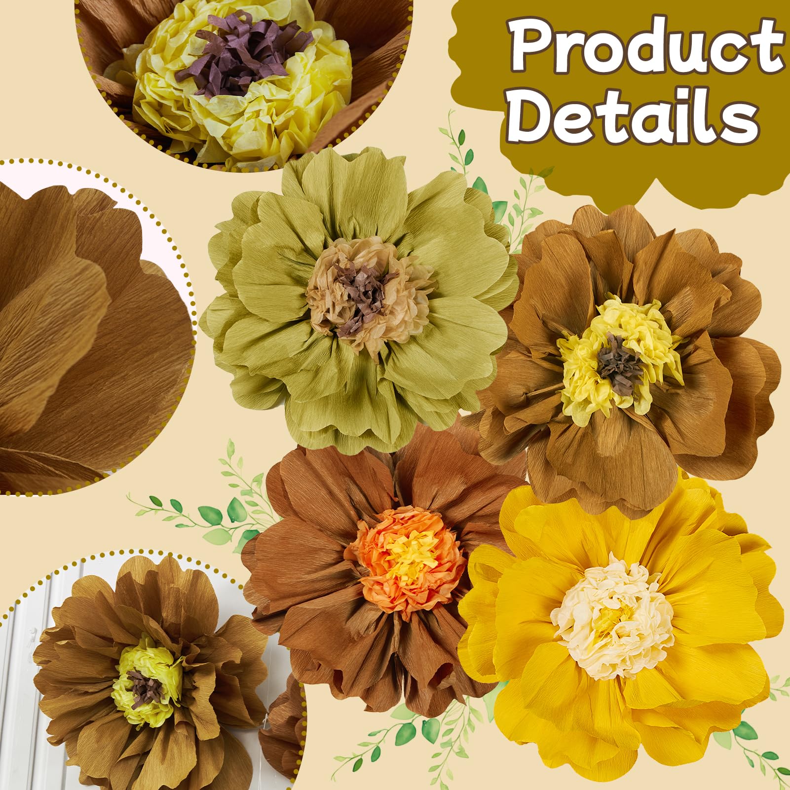 4 PCS 20 Brown Yellow Giant Paper Flowers Boho Baby Shower Party Decorations Thanksgiving Fall Autumn Large Tissue Pom Poms Neut