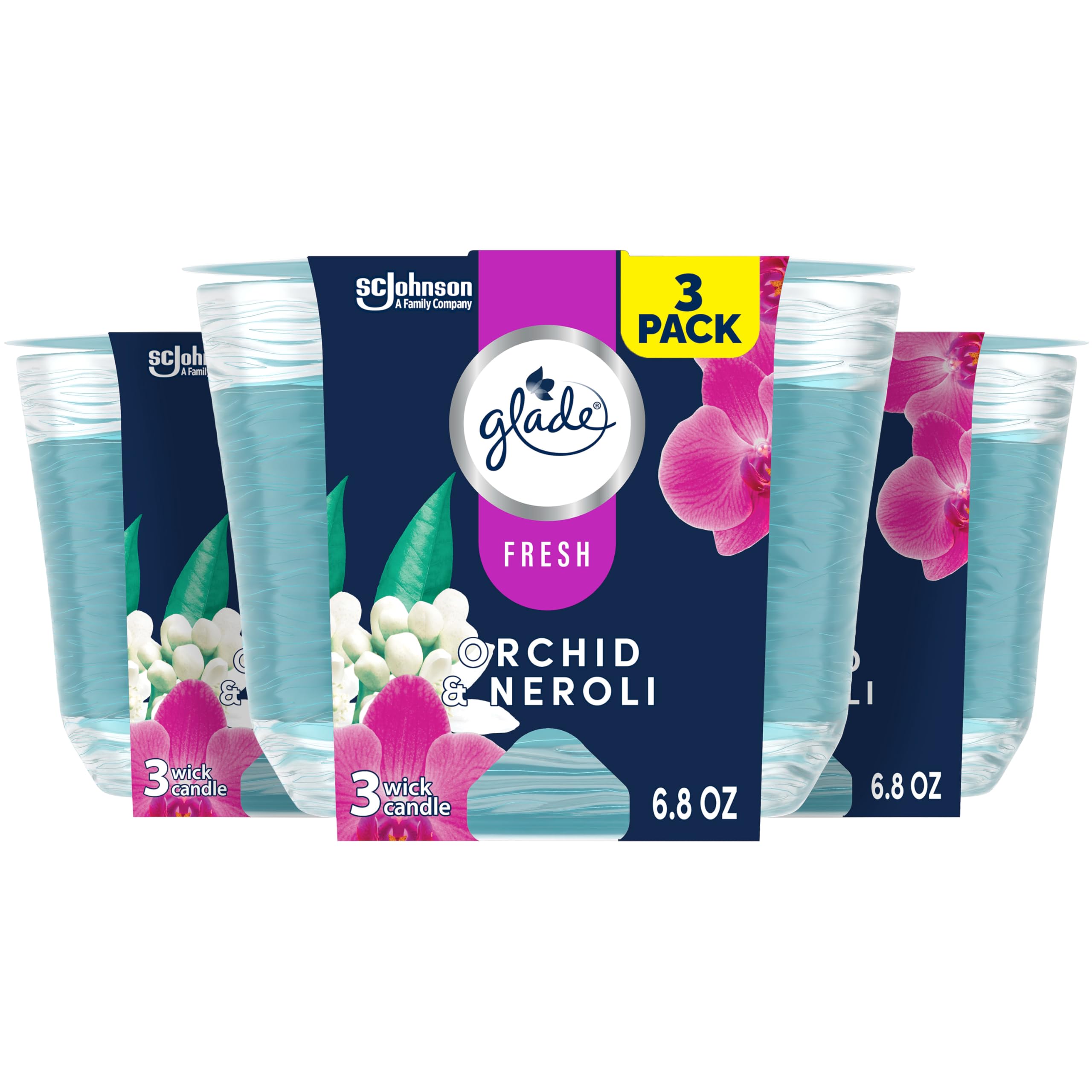 Glade Candle Orchid & Neroli, Fresh Collection, Fragrance Candle Infused with Essential Oils, Air Freshener Candle, 3-Wick Candl