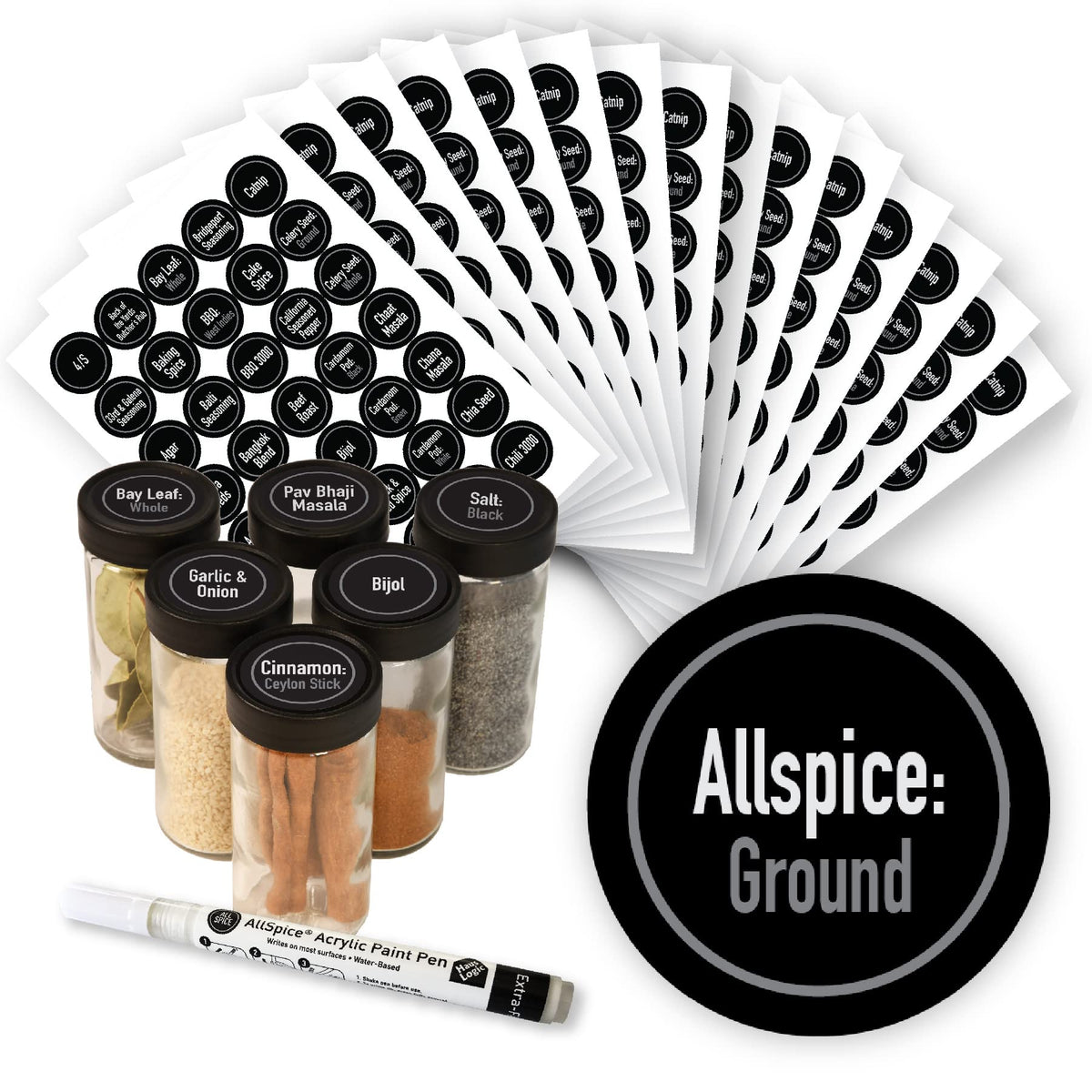 Allspice Ultimate Spice Label Set 525 Preprinted Water Resistant Round Spice Jar Labels Set 1.5 With Extra Fine White Paint Pe