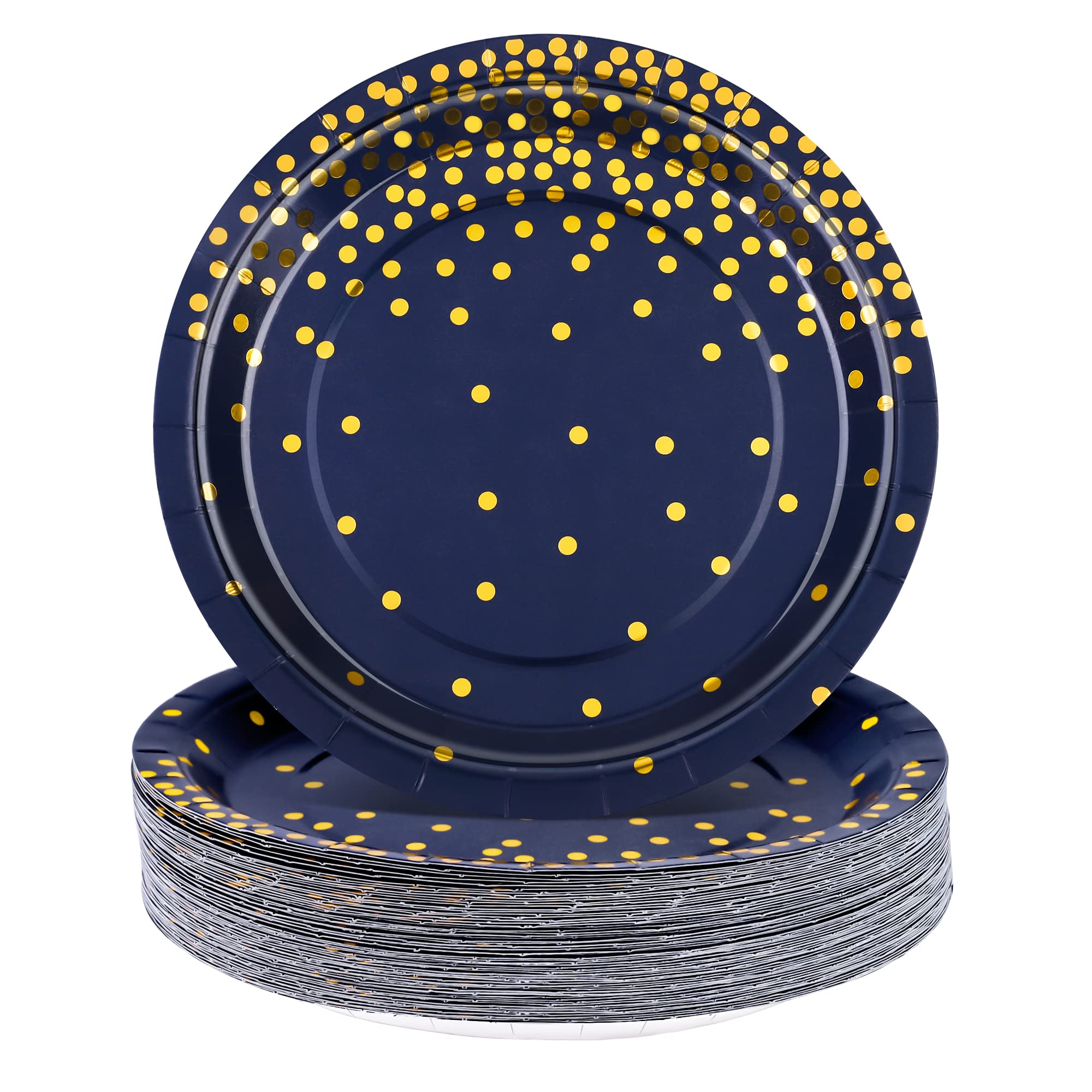 Aneco 60 Pieces 7 Inches Disposable Paper Plates Blue And Gold Foil Dot Dessert Plates Round Paper Plates For Wedding Bridal Sho