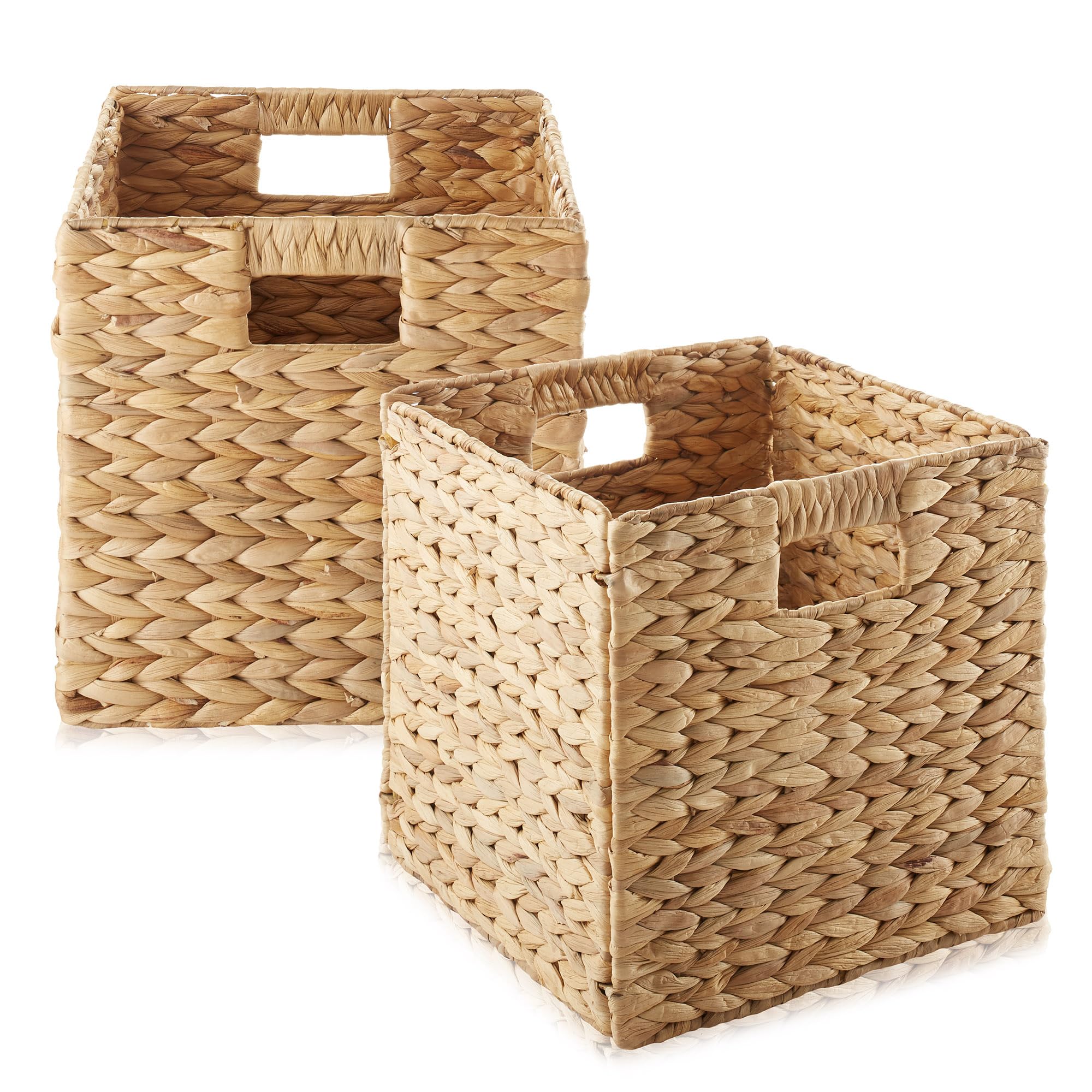Casafield 10.5'' X 10.5'' Water Hyacinth Storage Baskets, Natural - Set Of 2 Collapsible Cube Organizers, Woven Bins For Bathroo