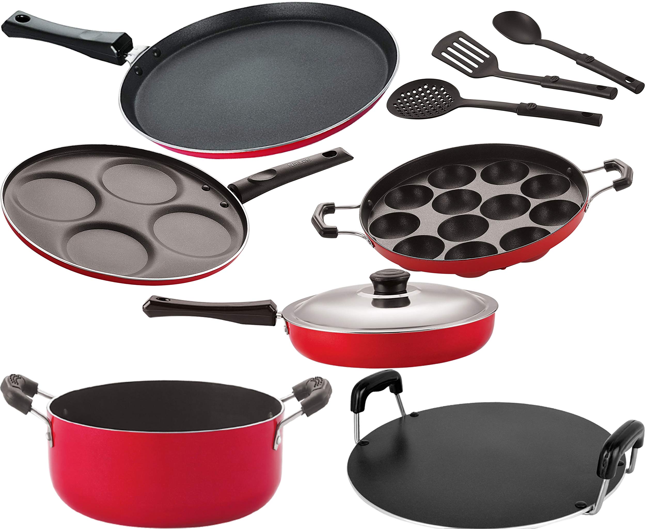 Nirlon NonStick Kitchen Cooking Utensil Item Set Red And Black, 9  Piece [26_Ft13_Fp13_Ap_Rt_Cass20_Up4_3Spn]