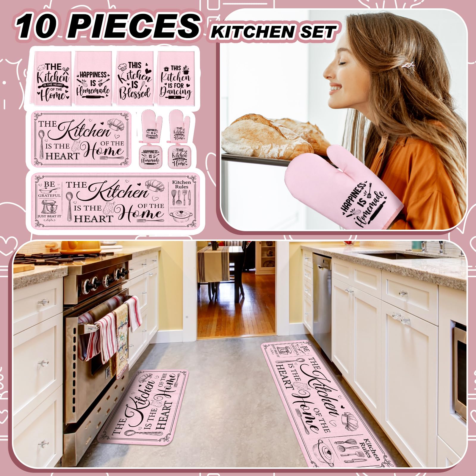 Fourluoo 10 Pcs Christmas Farmhouse Kitchen Decor and Accessories Set 4 Kitchen Towels 2 Pot Holders 2 Oven Mitts 2 Rugs for Tha