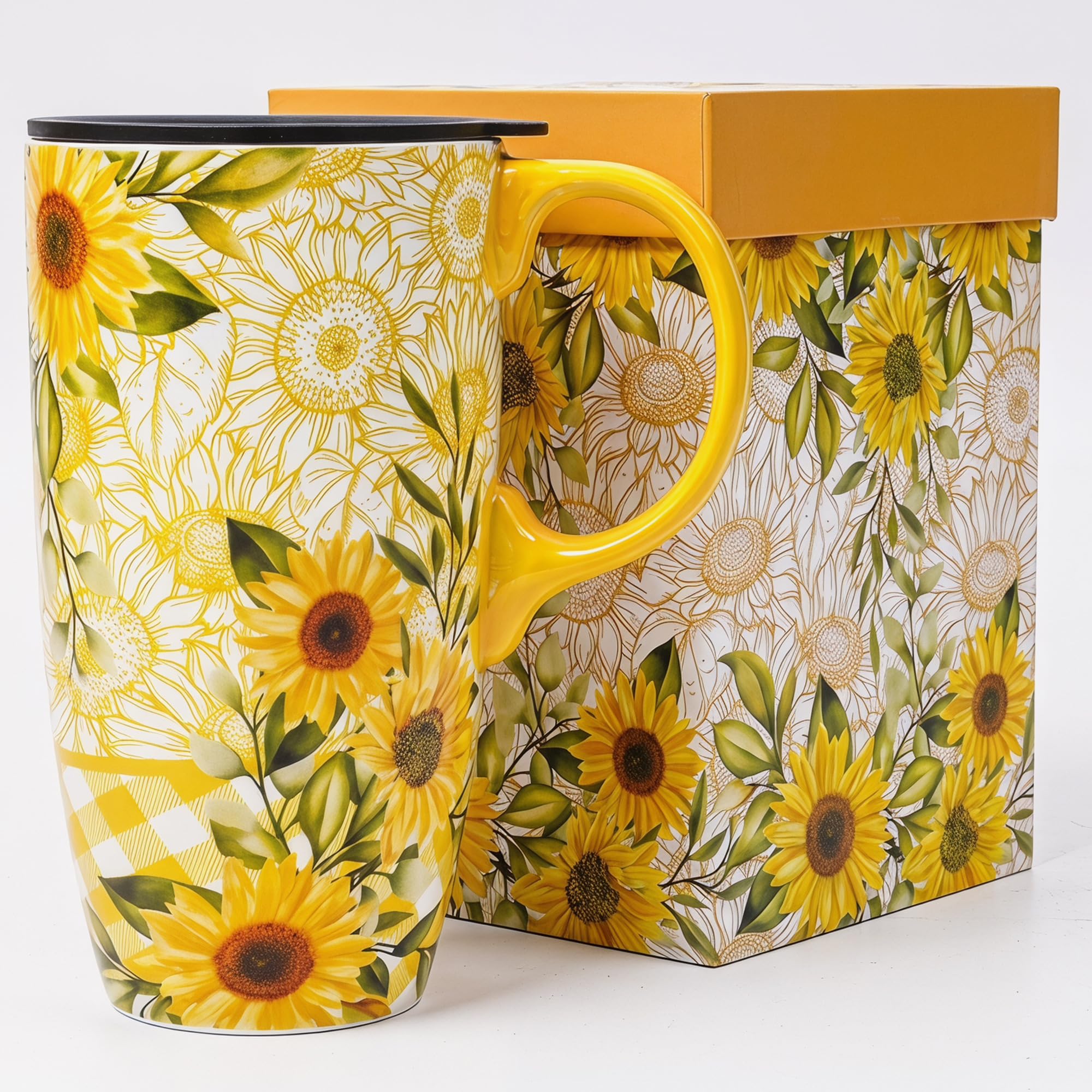 DUSVALLY 17oz Ceramic Travel Mug with Lid, Sunflower Coffee Mug