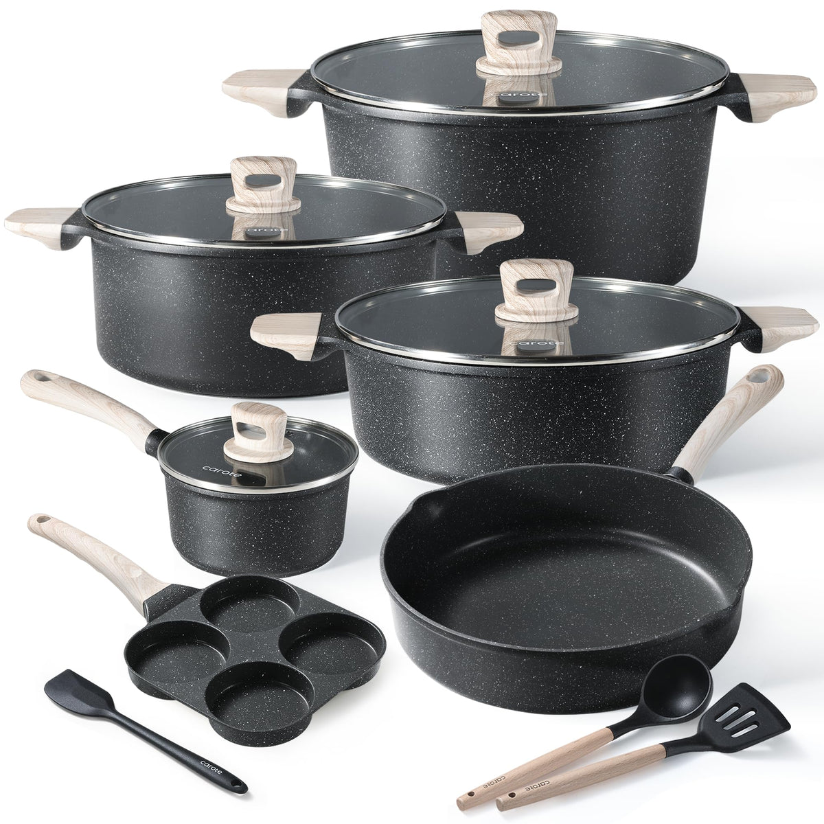 CAROTE Nonstick Pots and Pans Set, Cookware Set Induction Kitchen Cooking Set w/Stock pot & Saucepans, CLassic Black 13pcs