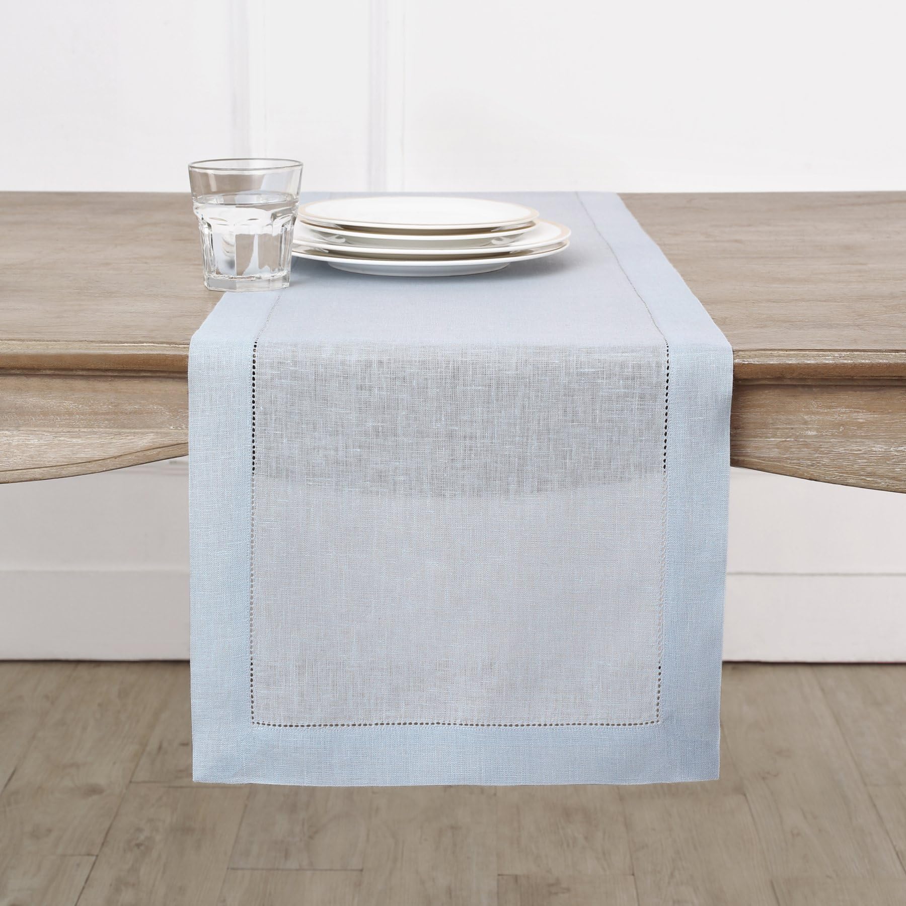 Solino Home Linen Light Blue Table Runner 144 Inches Long - 100% Pure Linen Classic Hemstitch Dining Table Runner 14 X 144 Inch