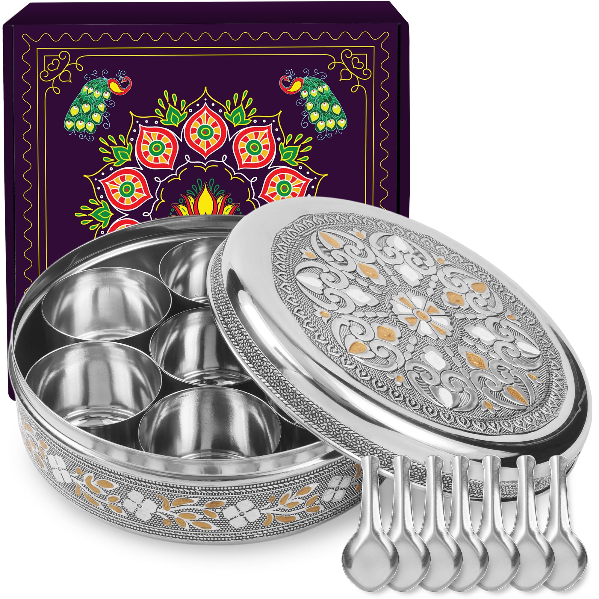 KSJONE Designer Spice Box, 7 Spice Jars, Holds 7 Spices, Steel Spice Container with 7 Spoons, Storage for Spices and dryfruits I