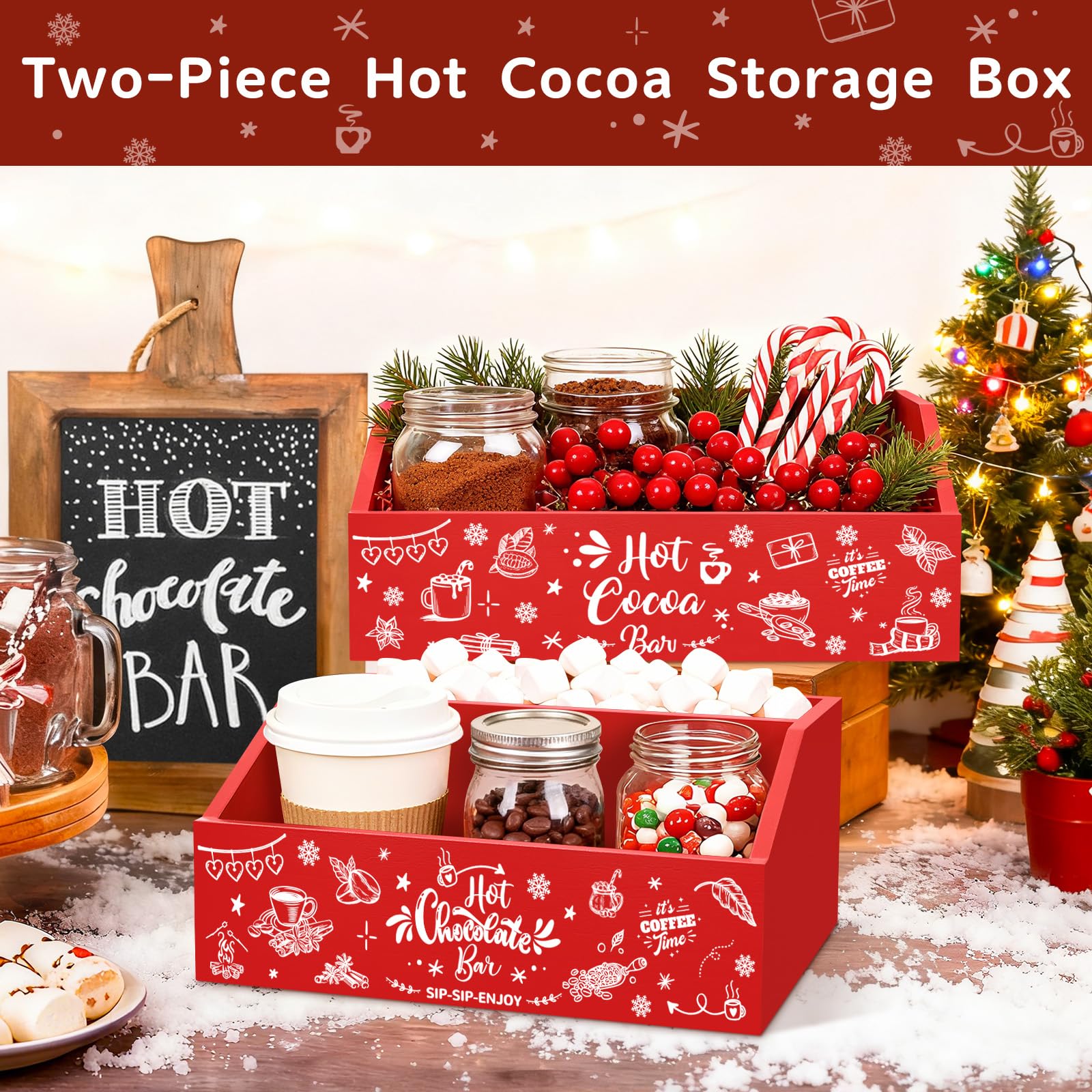QIKSION 2 Pcs Christmas Hot Cocoa Bar Wood Storage Box Hot Chocolate Decorative Box Double Layer Wooden Storage Bins for Home Ki