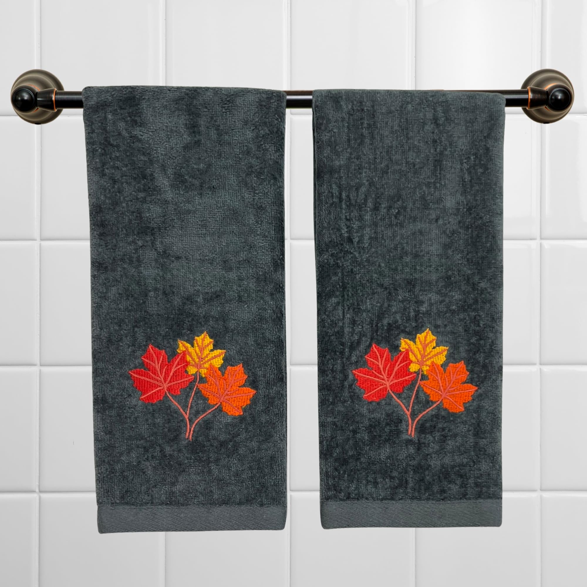 Harvest Fall Hand Towels: Plush Dark Grey Gray Cotton Towels With Autumn Leaf Design Set Of 2, 16'' X 25'' Inch