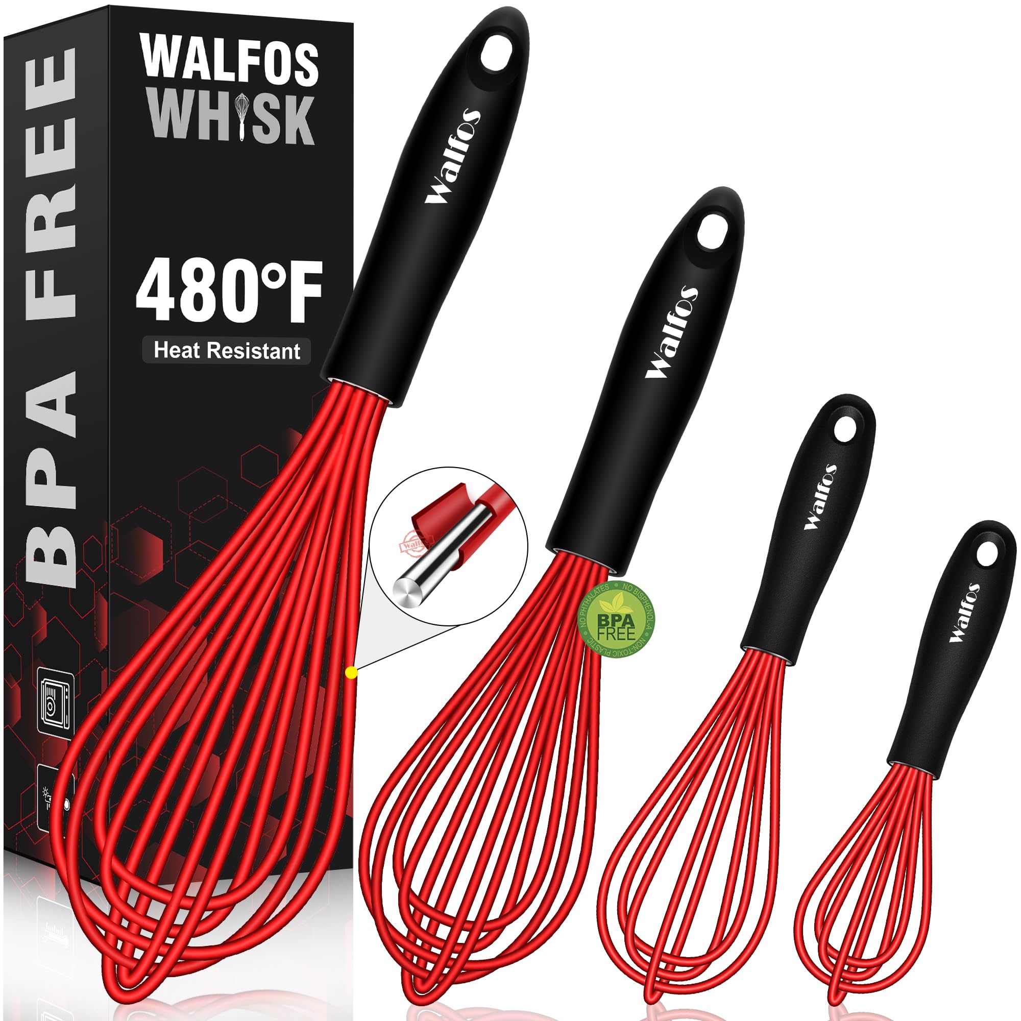 Walfos Whisk,Silicone Whisk Non Scratch-Whisks For Cooking Set Of 4 Heat Resistant(480F).Nice For Blending Beating Stirring And