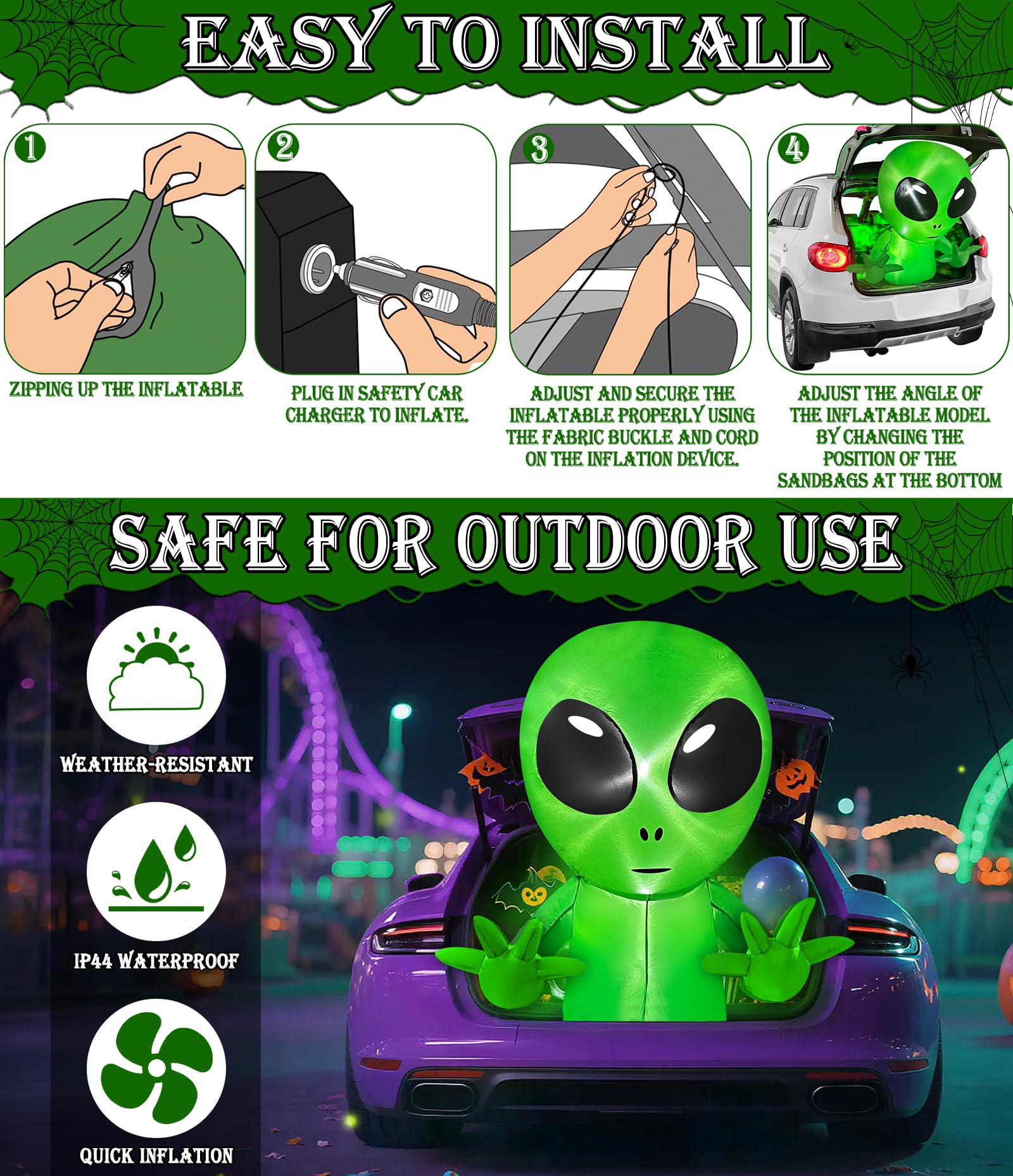 3.5 Ft Halloween Inflatable Alien Trunk Or Treat Car Decoration with Built-in LEDs, Halloween Blow Up Alien Broke Out from Car D