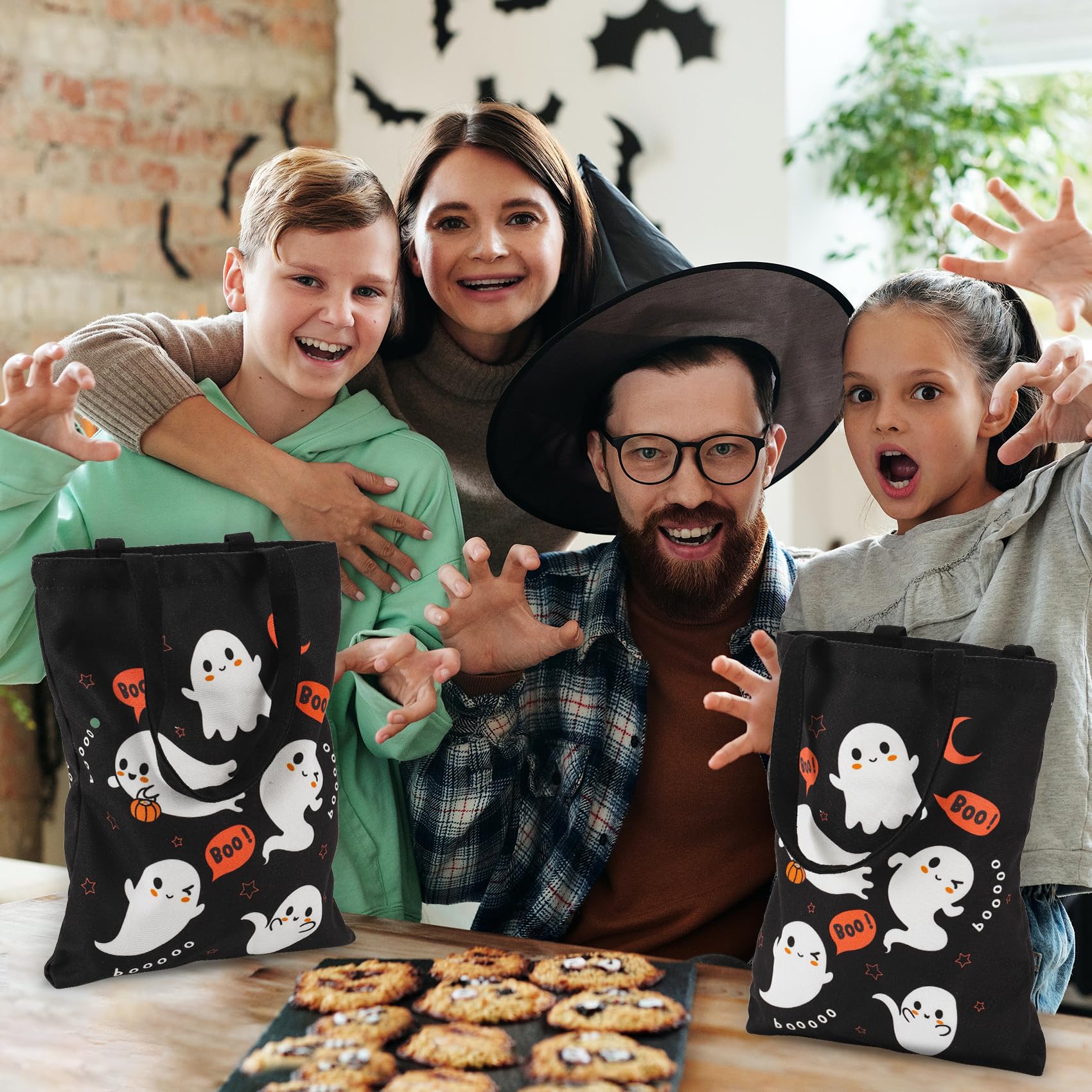 Atfunshop Halloween Tote Bag 15.7'' Trick Or Treat Bag Halloween Canvas Bags Reusable Large Halloween Bag For Kids Ghost