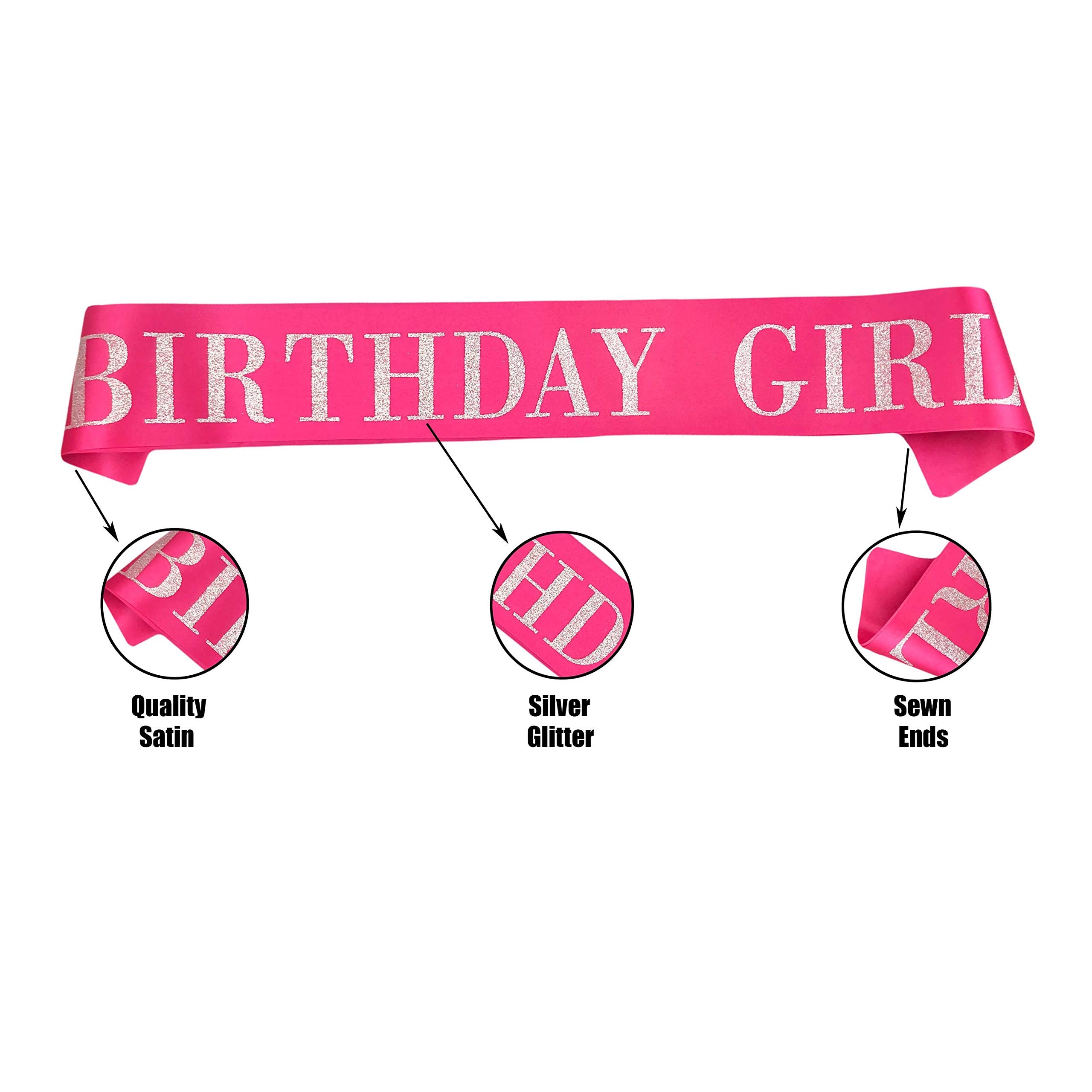 Birthday Girl Sash For Women,Pink Satin Silver Glitter Sash,Happy Birthday Princess Party Decorations,Women'S Birthday Party Sup