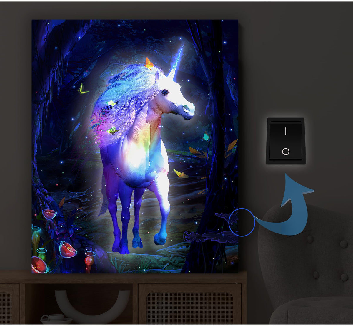 Dohwa Blingco Unicorn Lighted Canvas Wall Art Led Framed Picture With Timer, Battery Operated Poster Anxiety Relief Bedroom Deco