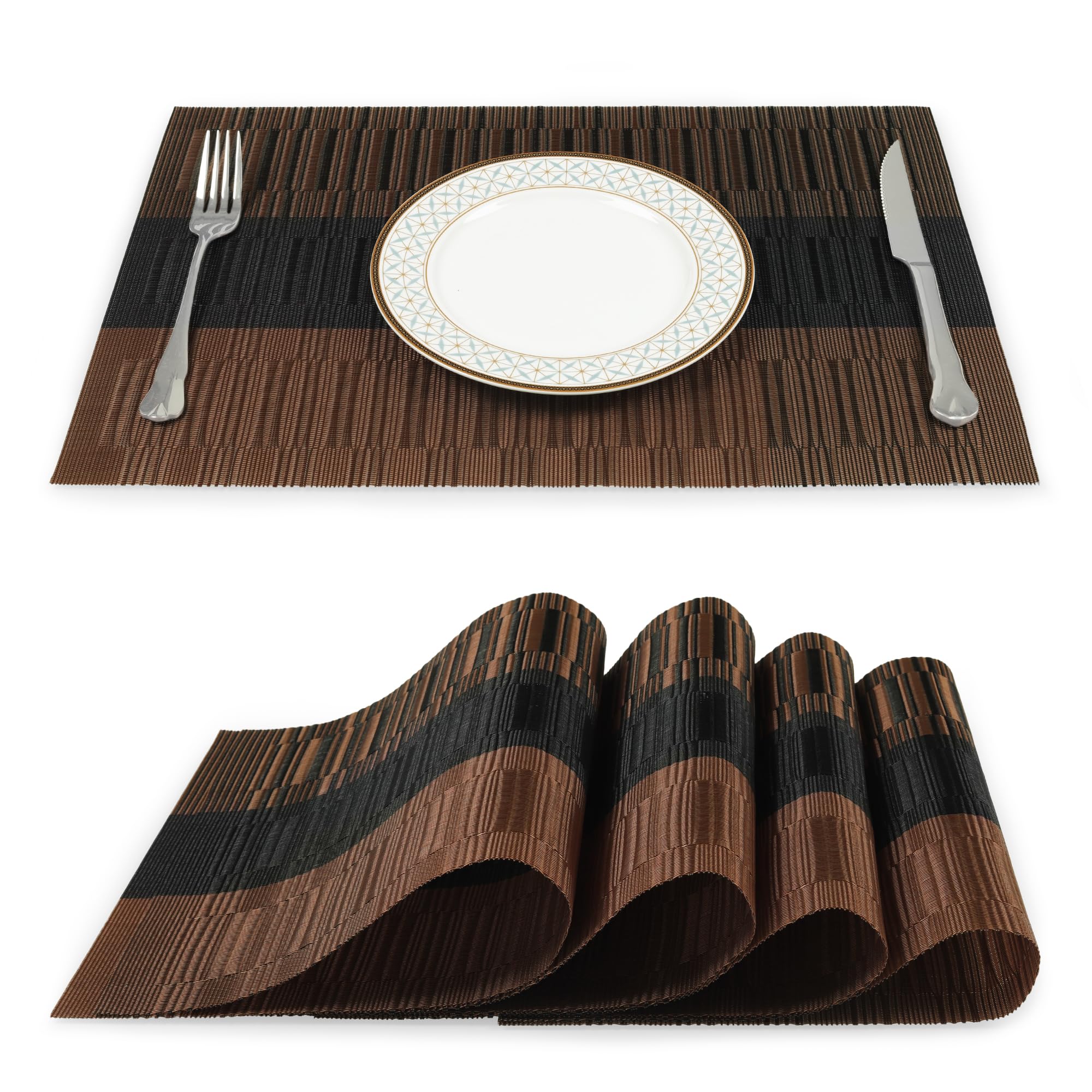 Fanquare Stripe Placemats 18 X12 Inches, Pvc Place Mats For Dining Table, Durable Heat Resistant Table Mats Brown, 4 Pack