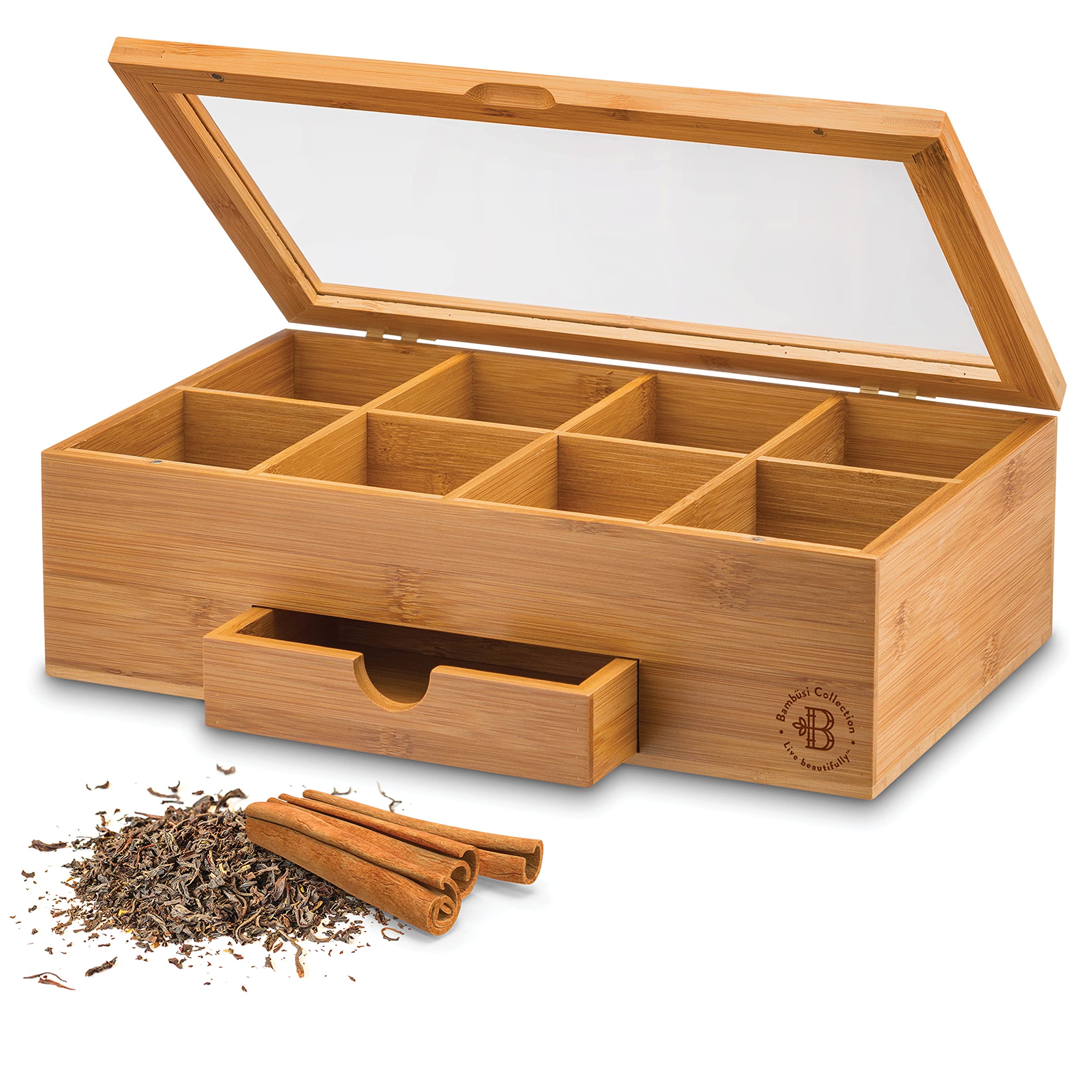 Bambüsi Bamboo Tea Bag Organizer Storage Box with Drawer - 3.9x12.9x7.9 inches - Magnetic Lid - Ideal Gift for Mom