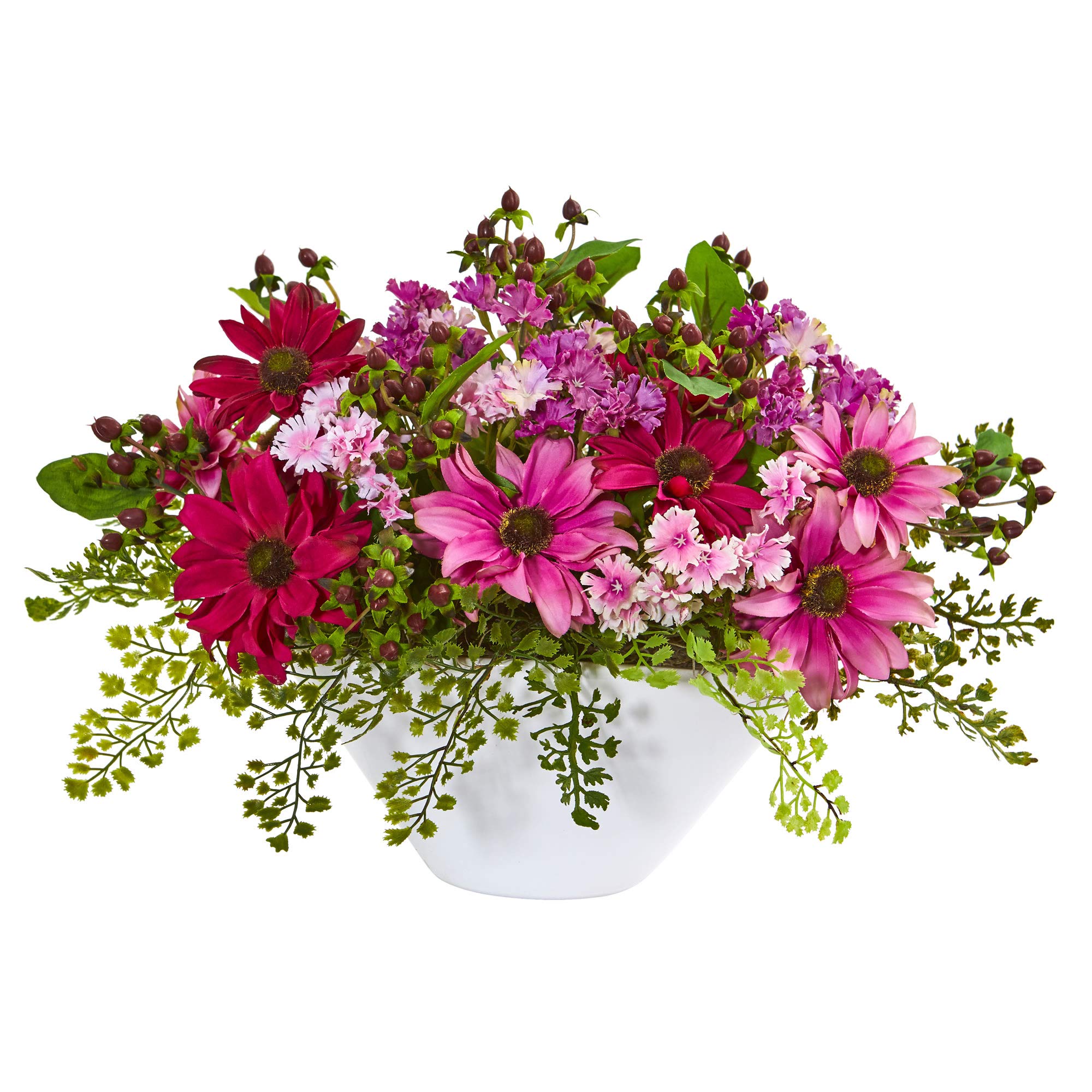 Nearly Natural Daisy Artificial White Vase Silk Arrangements, Pink