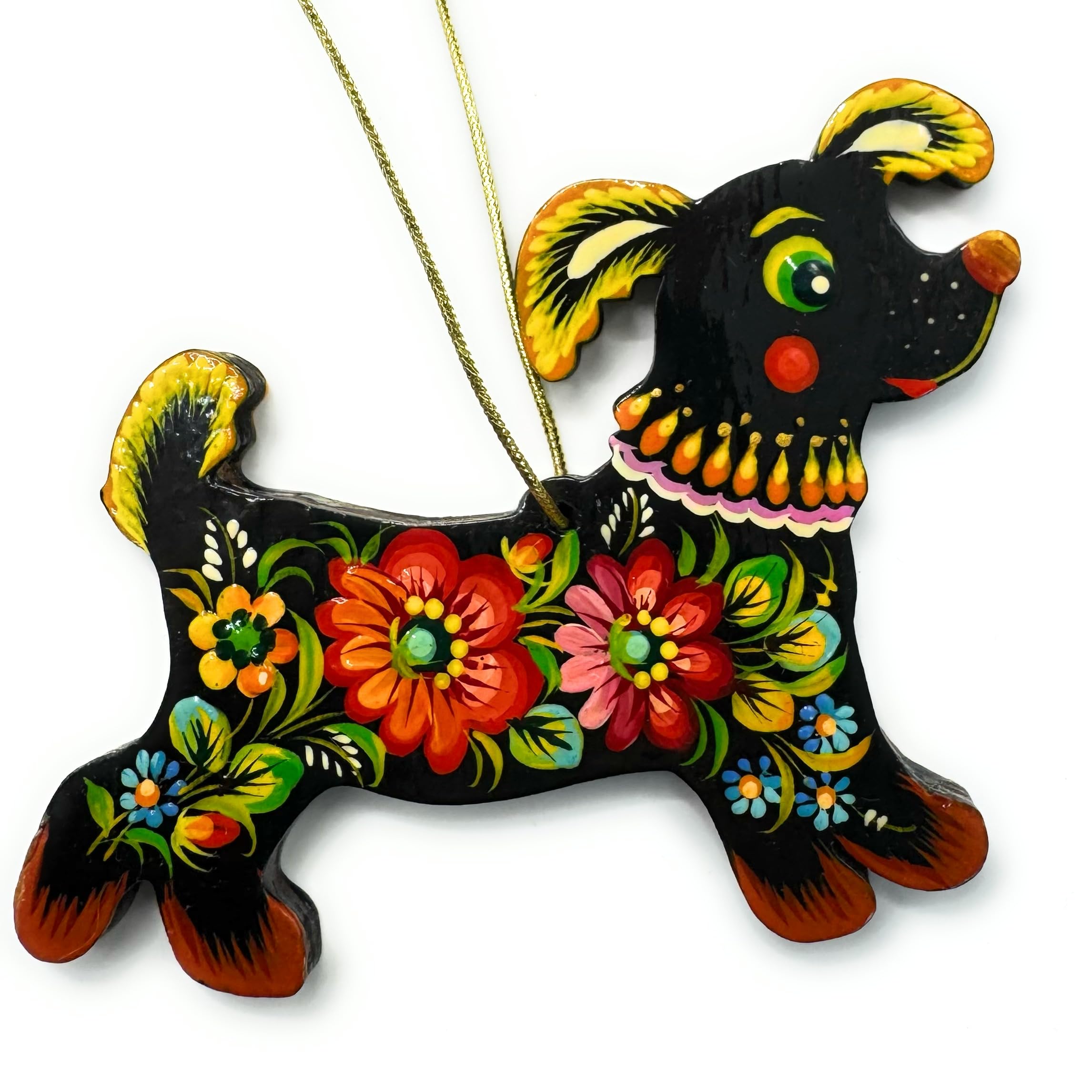 Hanging Dog Ornament Wooden Flat Pet Decoration 3.9 x 3 x 0.2 inches Hand-painted with Floral Patterns of Ukrainian Petrykivka P