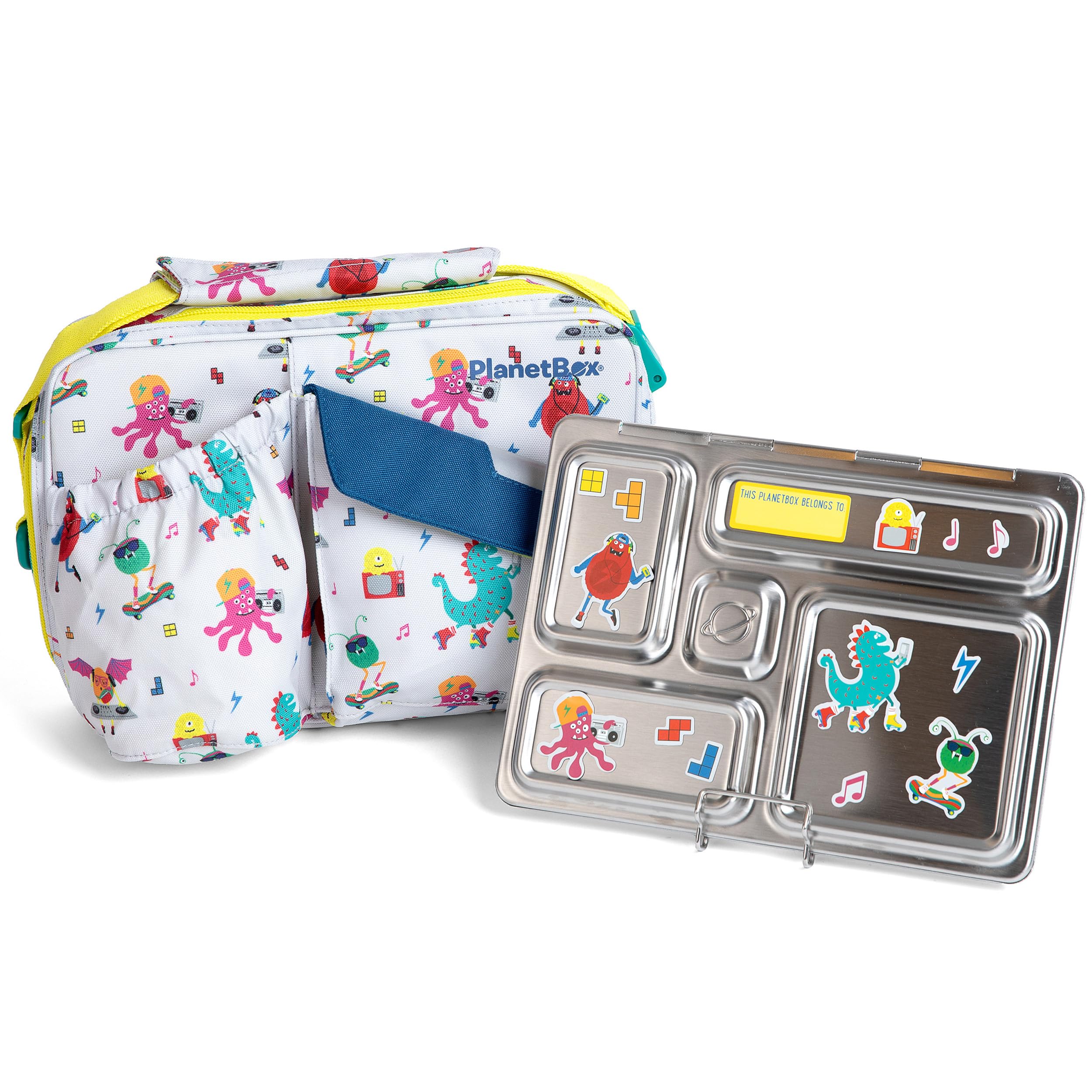 PlanetBox Rover Stainless Steel Bento Box Style Lunch Box Kit for Youth with 5 Compartments - Monster Beats Edition includes Ins