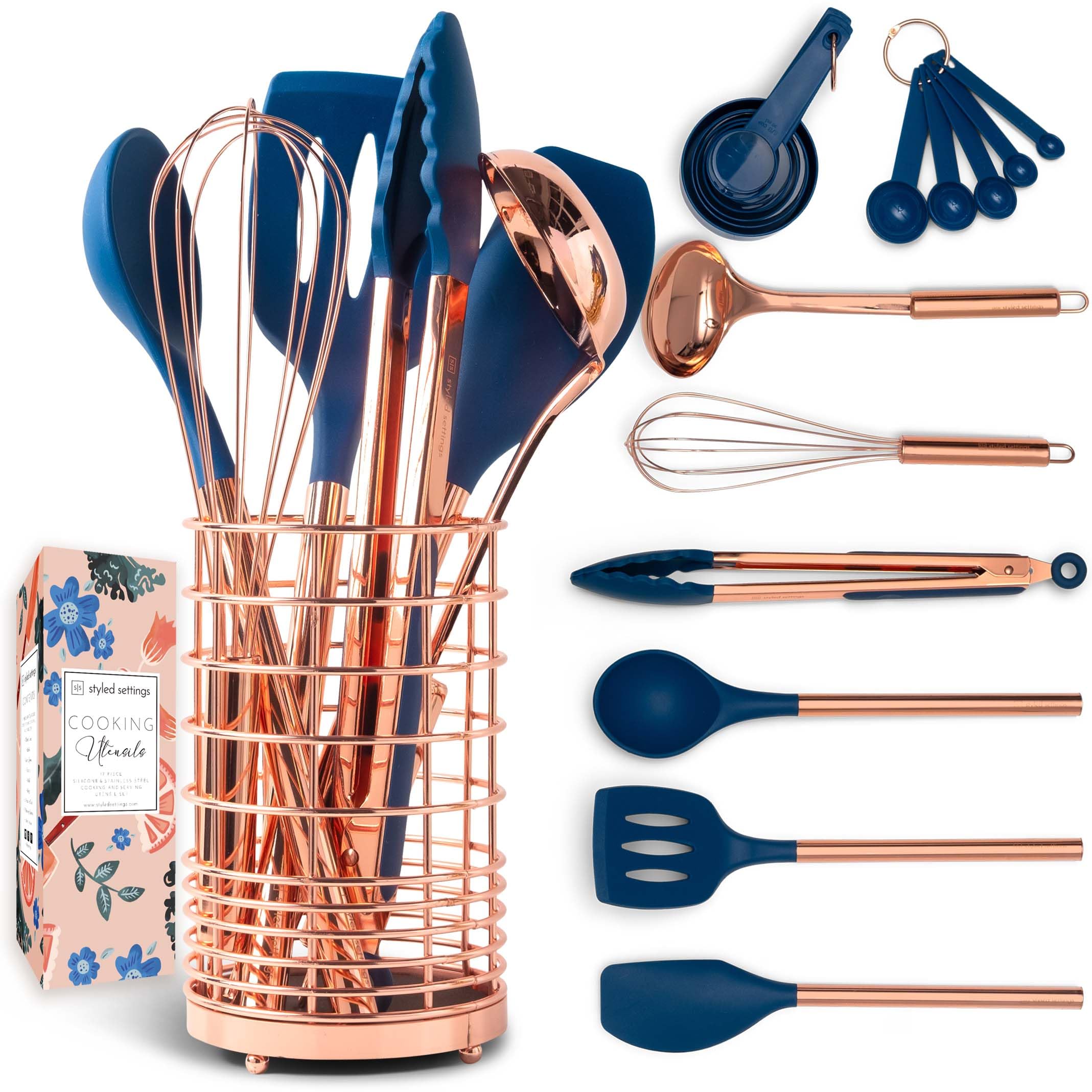 Copper And Blue Silicone Kitchen Utensils Set -17Pc Set Includes Copper Utensil Holder, Blue Measuring Cups & Spoons, Copper Kit