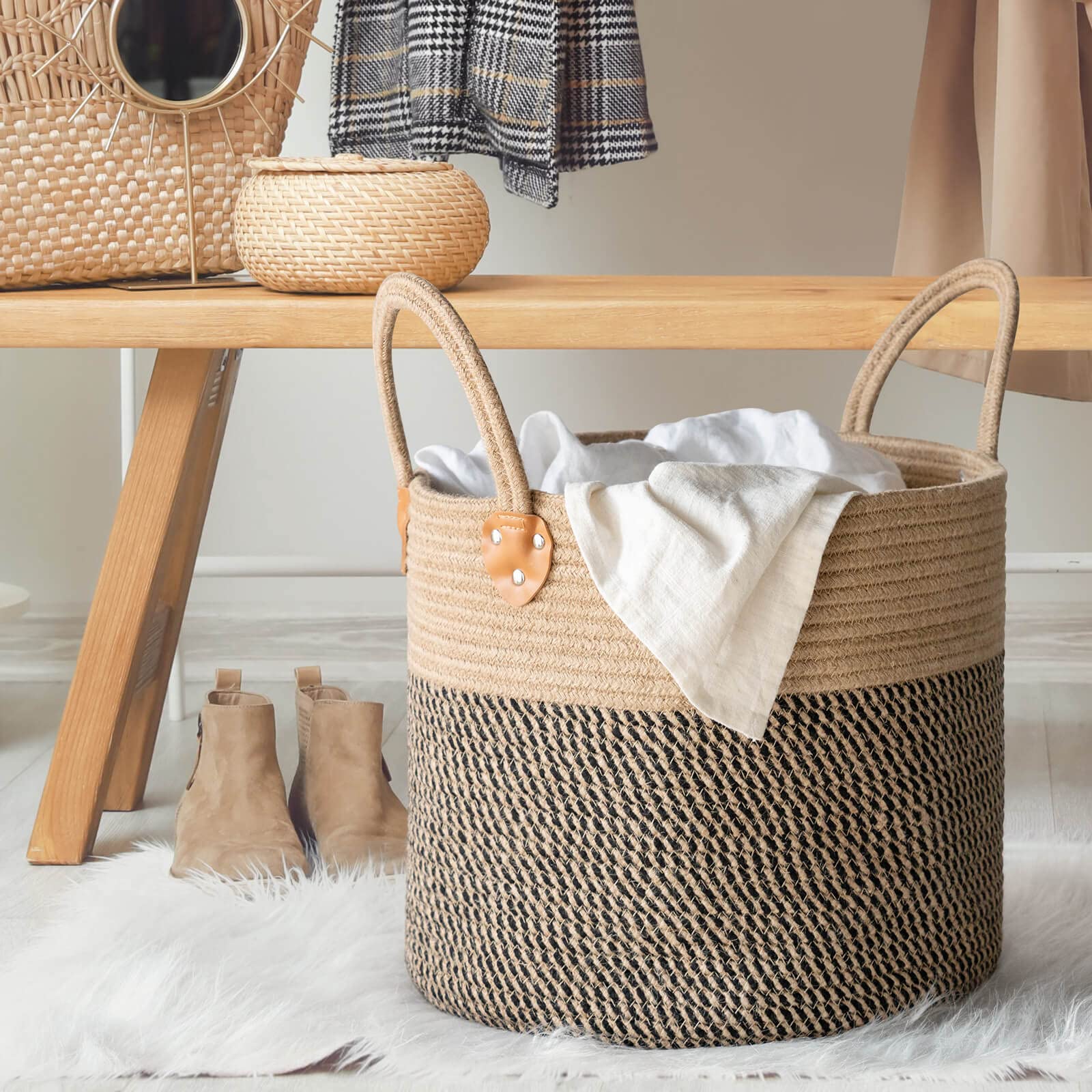 CHICVITA Jute Woven Storage Basket With Handles  Wicker Floor Basket  Boho Decorative Basket For Blanket  Toy  Shoe  Firewood  Farmhouse Plant Basket for Living Room  14'' X 14'' X 12''  Jute