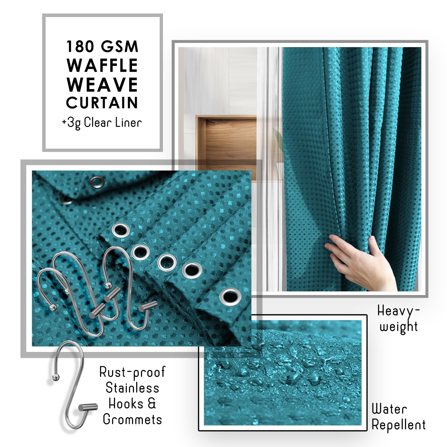 Clara Clark Bathroom Accessories Set - Teal Bathroom Set, 20Pc Bathroom Accessory Set, Shower Curtain Set, Toilet Brush, Trash C