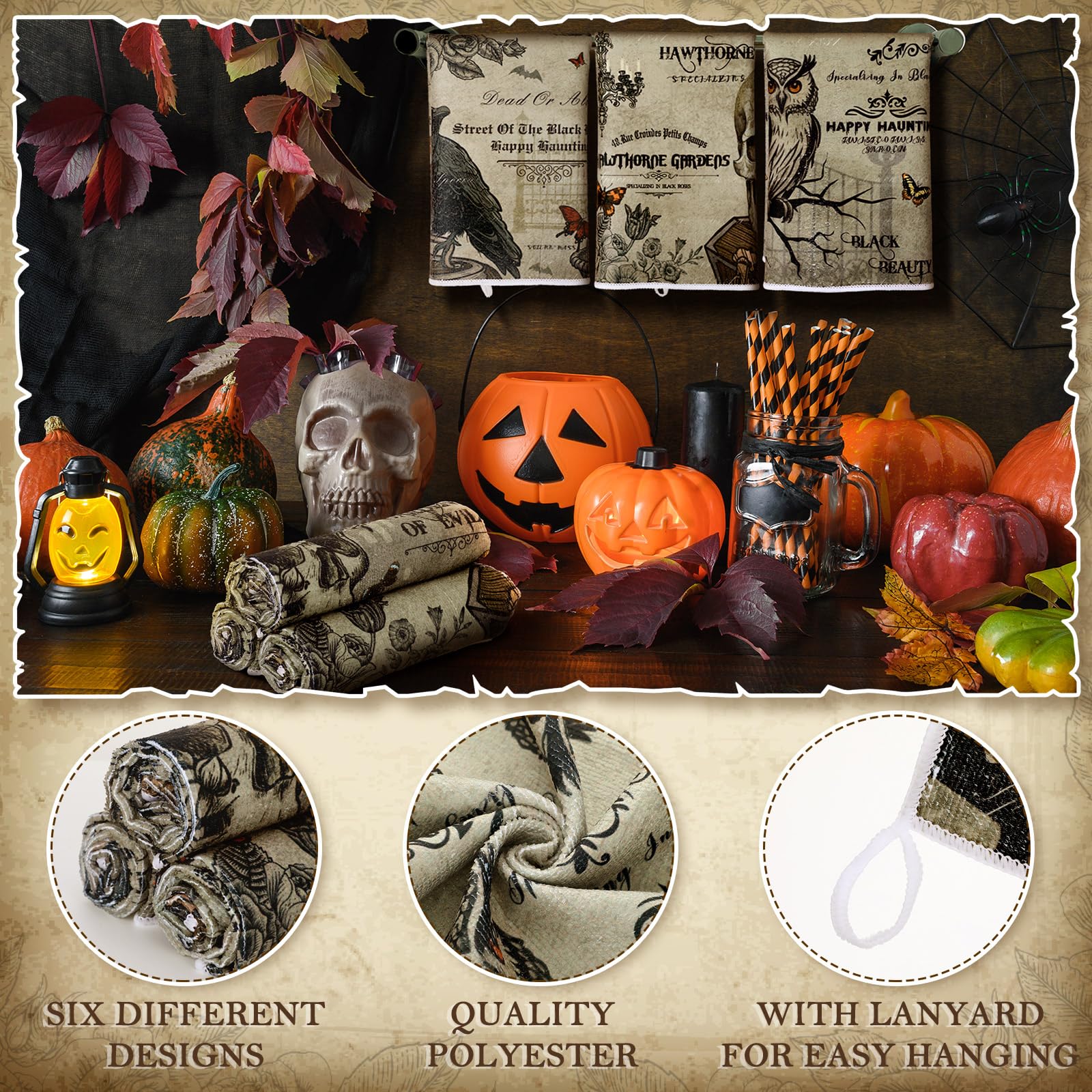 Ganeen 6 Pcs Halloween Kitchen Towels Set Halloween Skeletons Crows Owl Dish Vintage Terror Hand Cooking Baking Tea Towels for H