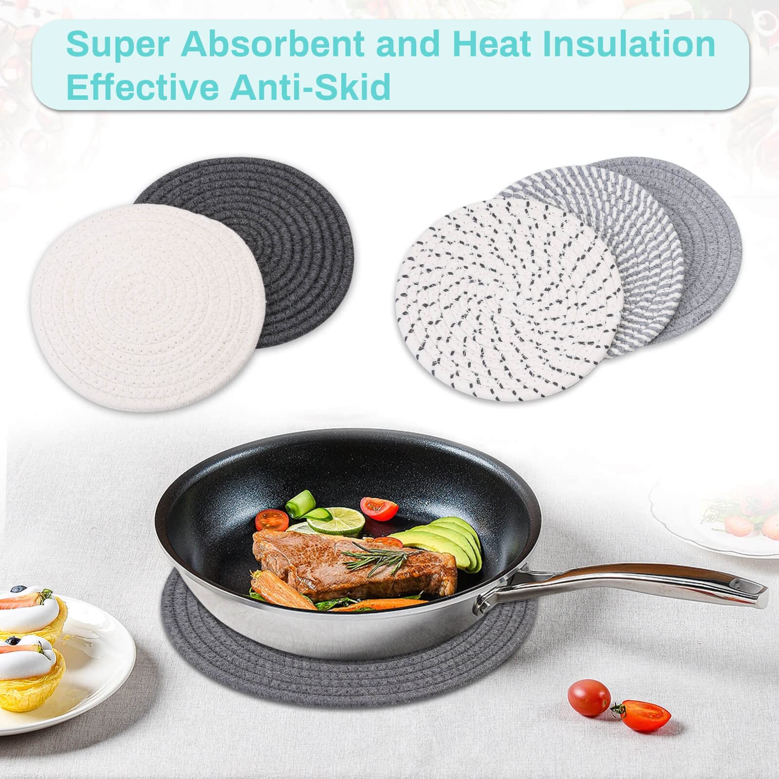Billbotk Trivets For Hot Dishes, 6 Pieces Pot Holders For Kitchen, 100% Cotton Woven Hot Pads For Kitchen, Trivets For Kitchen H