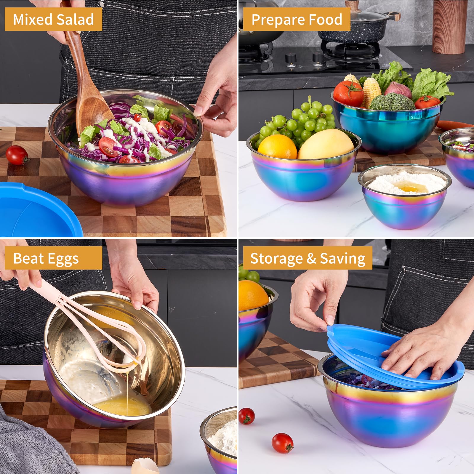 Onlycooker Rainbow Mixing Bowls - 4 Piece Stainless Steel Set, Airtight Lids, Stackable Design, Sizes 5.5QT, 3.6QT, 2.1