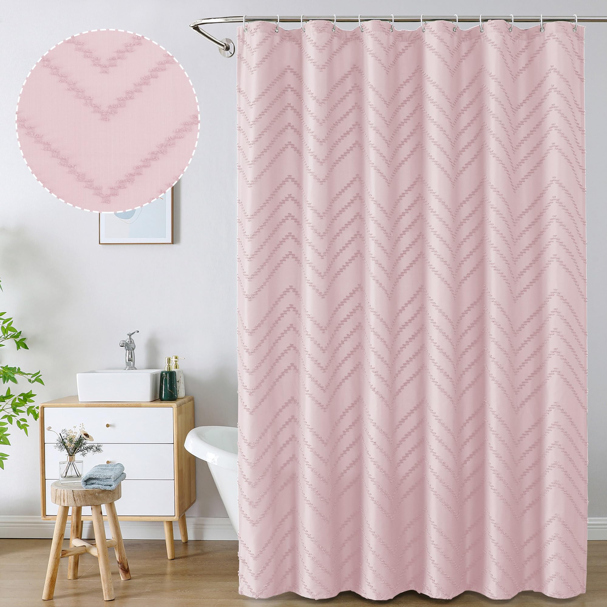 Chyhomenyc Chevron Extra Long Blush Pink Boho Shower Curtain Set 72X96 Inches, Fabric Shower Curtain Modern Farmhouse Chic Textu