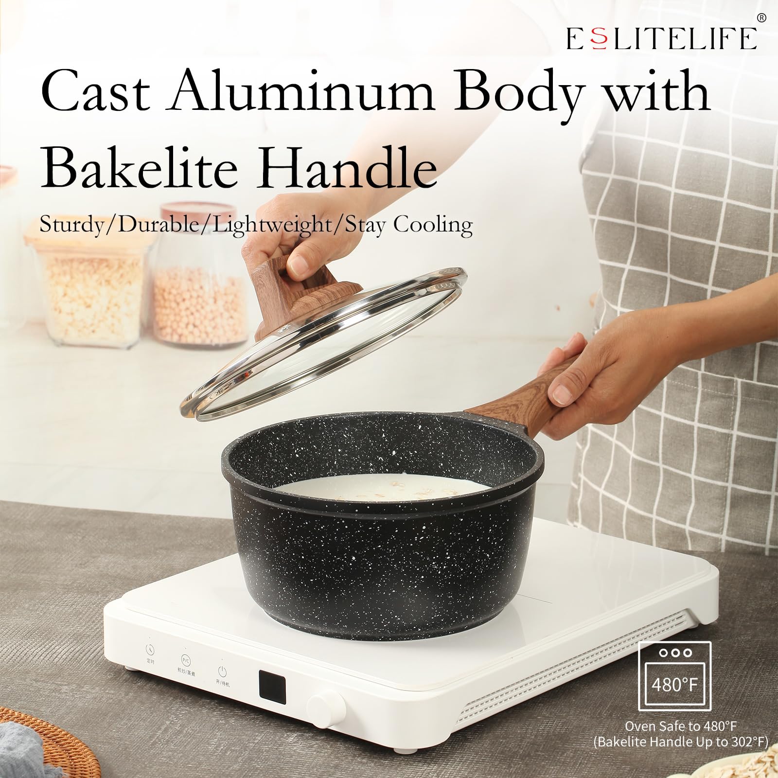 Eslite Life Nonstick Sauce Pan With Lid, 2.5 Qt Small Soup Pot Compatible With All Stovetops (Gas, Electric & Induction), Pfoa F
