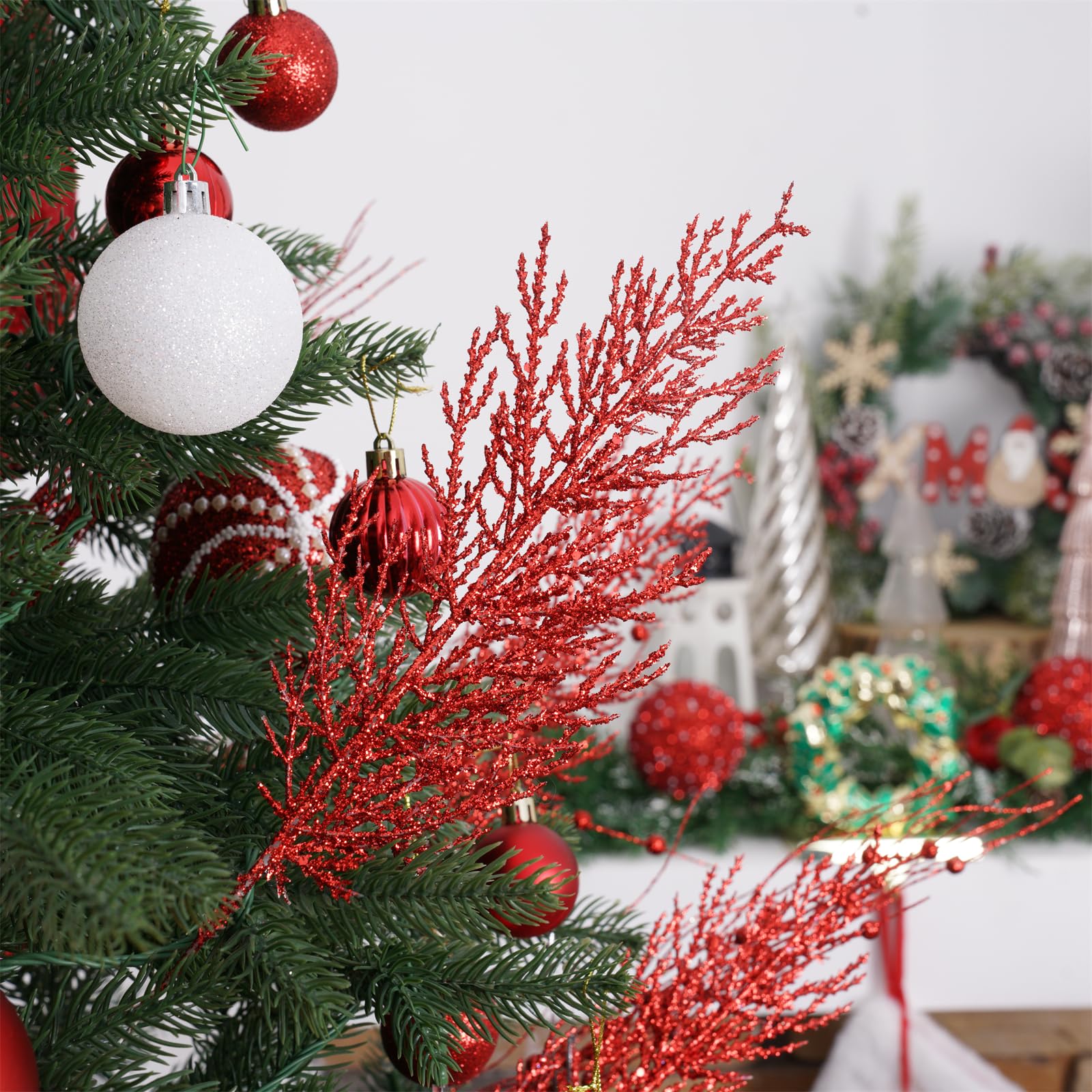 Christmas Glitter Twigs 24pcs Artificial Pine Tree Picks for Christmas Tree Ornaments fillers, DIY Xmas Wreath, Crafts, Garland,