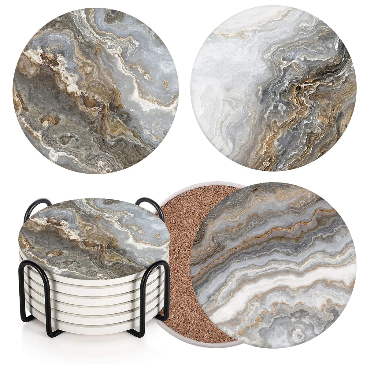 Britimes Coaster For Drinks Set Of 6, Grey Marble Golden Stone Agate Table Absorbent Round Ceramic Stone Mat, With Cork Base And