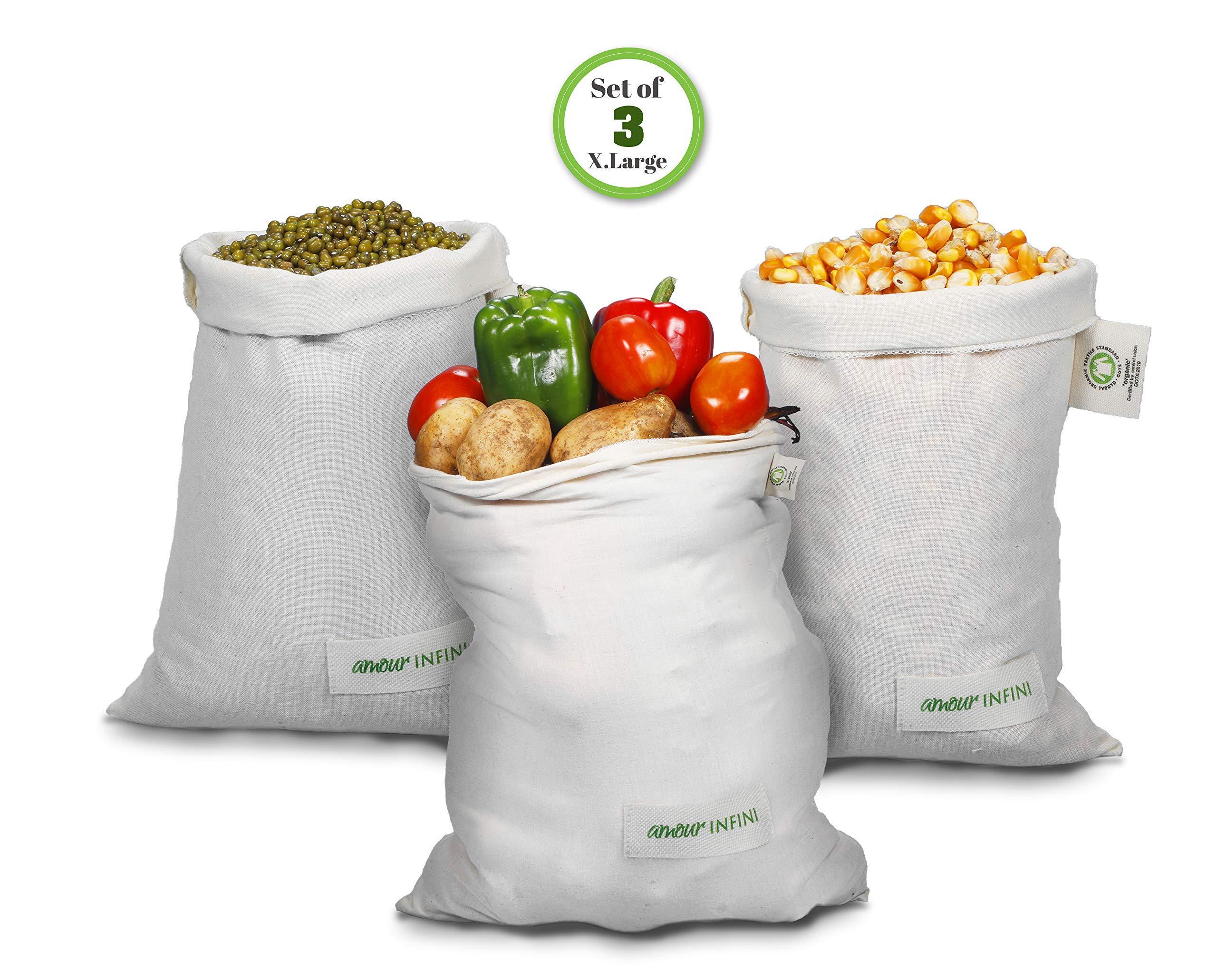 Amour Infini Reusable Organic Cotton Grocery Bags |Biodegradable,Safe,Washable Produce Bags With Tare Weight & Drawstrings|Set O