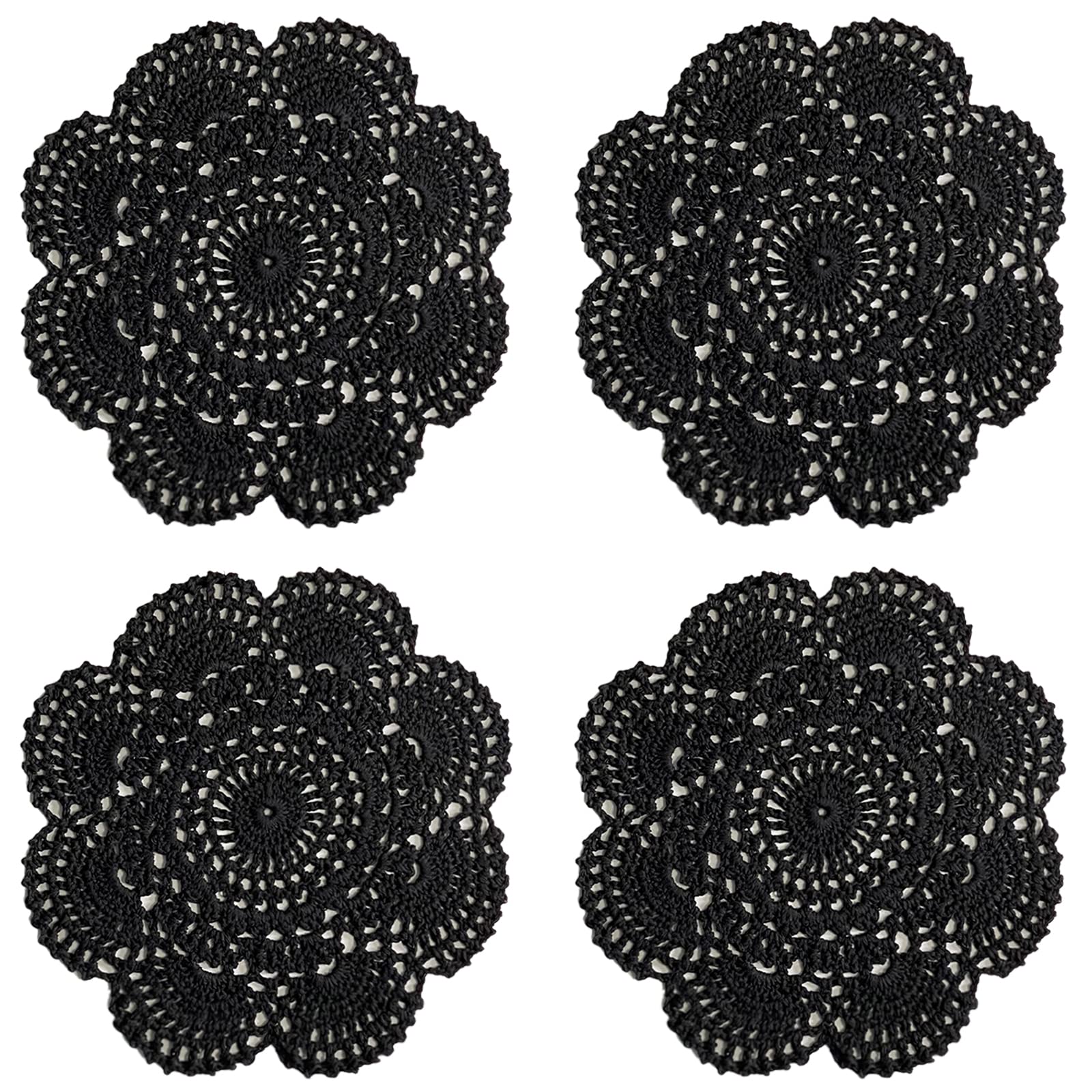 Phantomon 8 Inch Doilies Crochet Round Lace Doily Handmade Placemats 100% Cotton Crocheted Coasters, Pack Of 4 (Black)