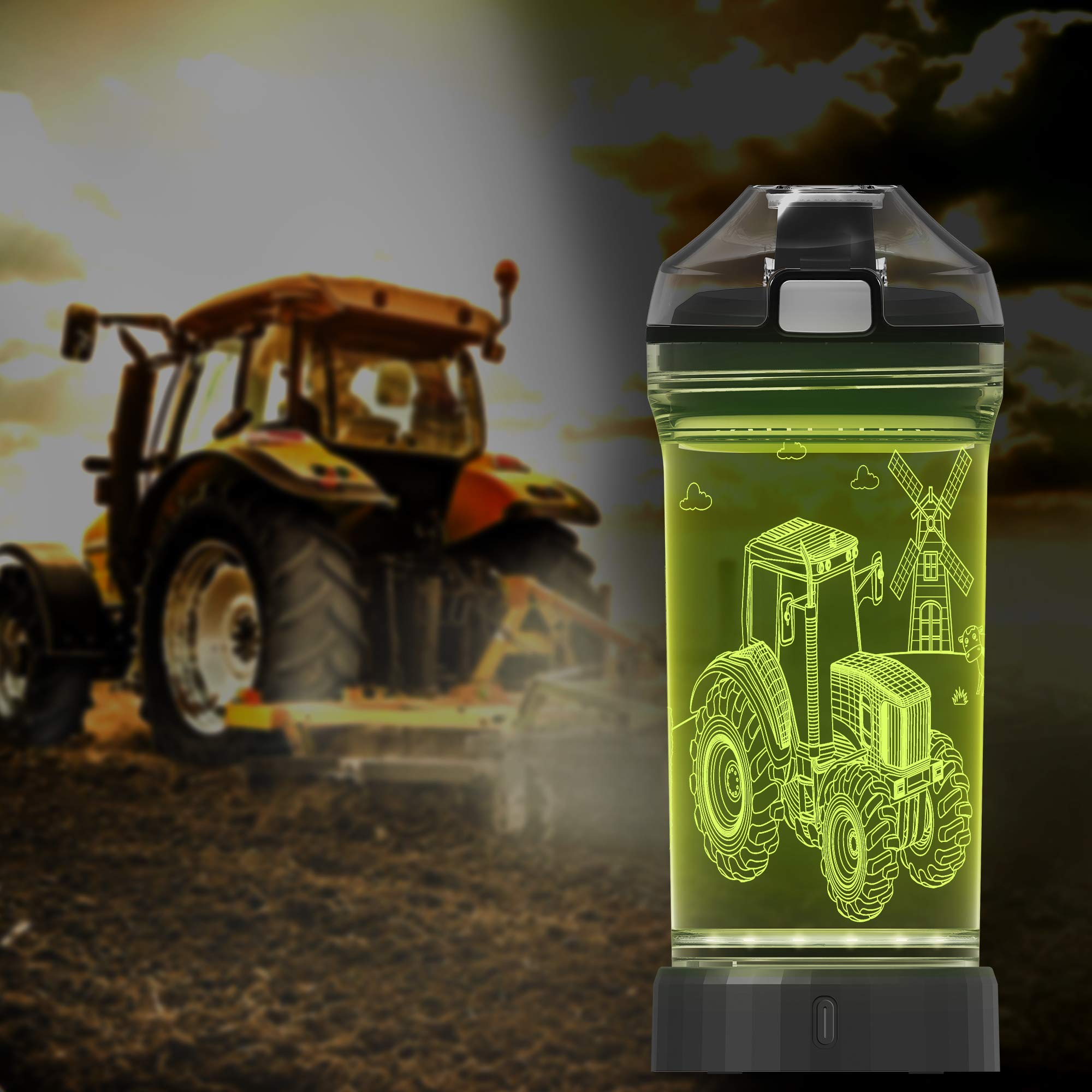 Lightzz Kids Water Bottle with 3D Glowing Tractor LED Light - Tritan BPA Free - Creative Ideal Travel Cup MTZ Gift for Back to School Girl Boy Child Holiday Camping Picnic (Tractor 14 Oz)