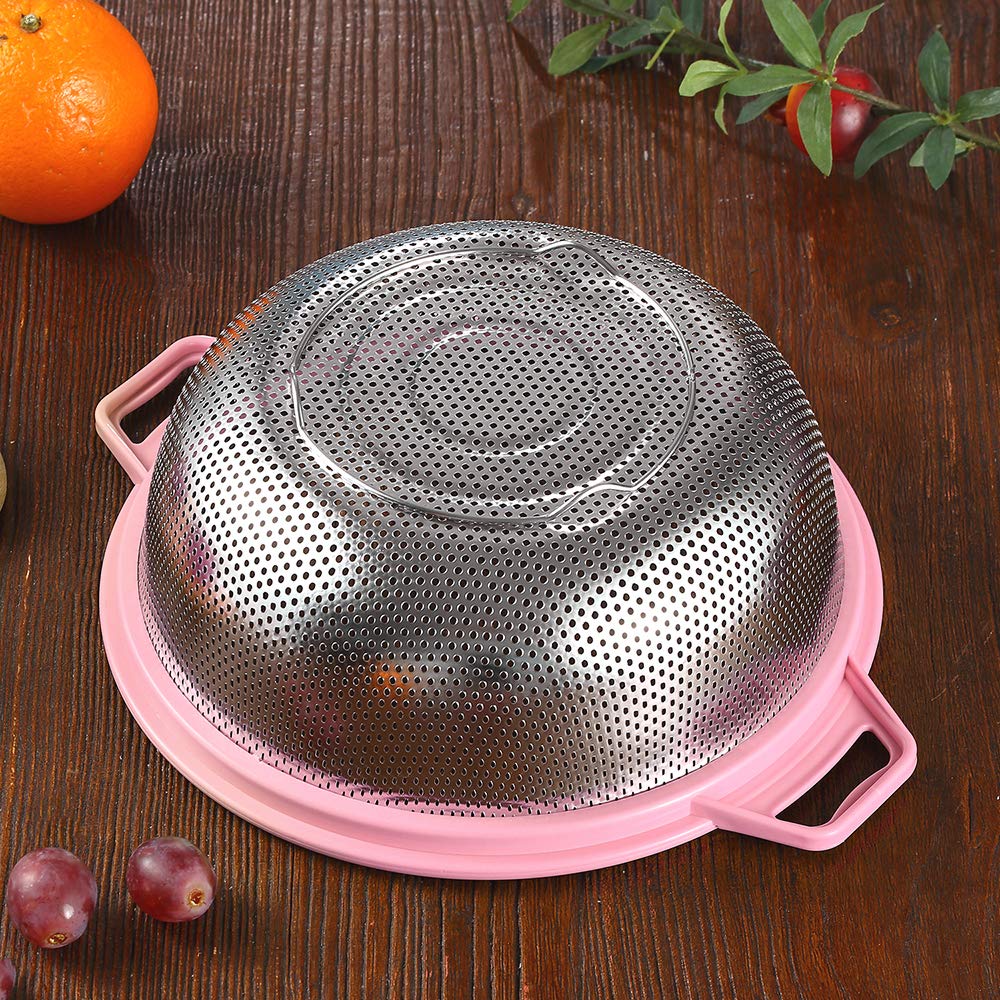 Hiramware Stainless Steel Colander With Handle And Legs, Large Metal Pink Strainer For Pasta, Spaghetti, Berry, Veggies, Fruits,