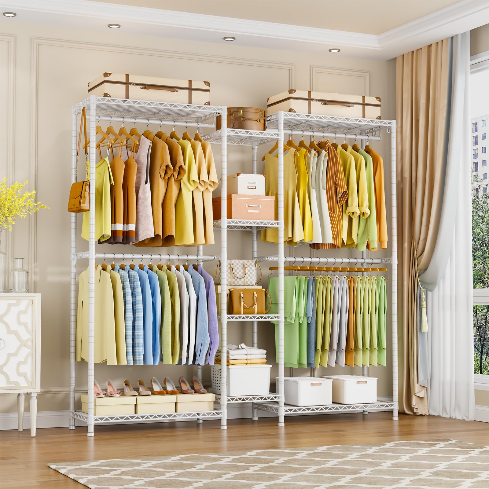 Ulif E4 Clothes Rack, Heavy-Duty Garment Rack, Metal Freestanding Clothing Organization Storage System Can Be L-Shaped With Shel