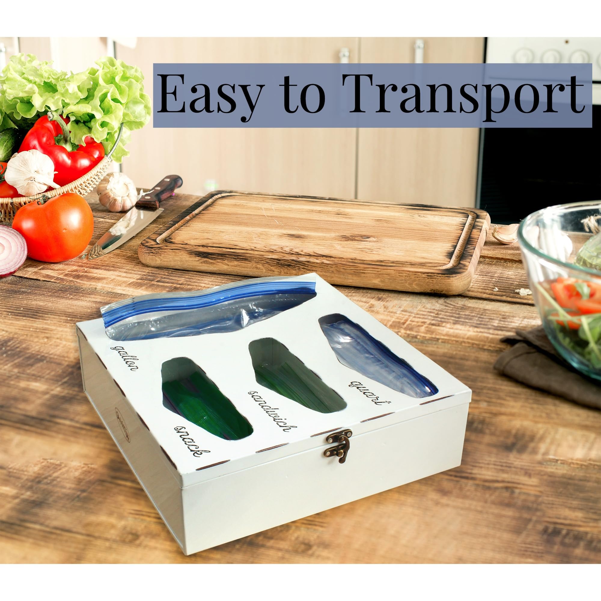 Auldhome Enamelware Kitchen Bag Organizer (White), Farmhouse Style Holder Compatible With Zipper Seal Kitchen Storage