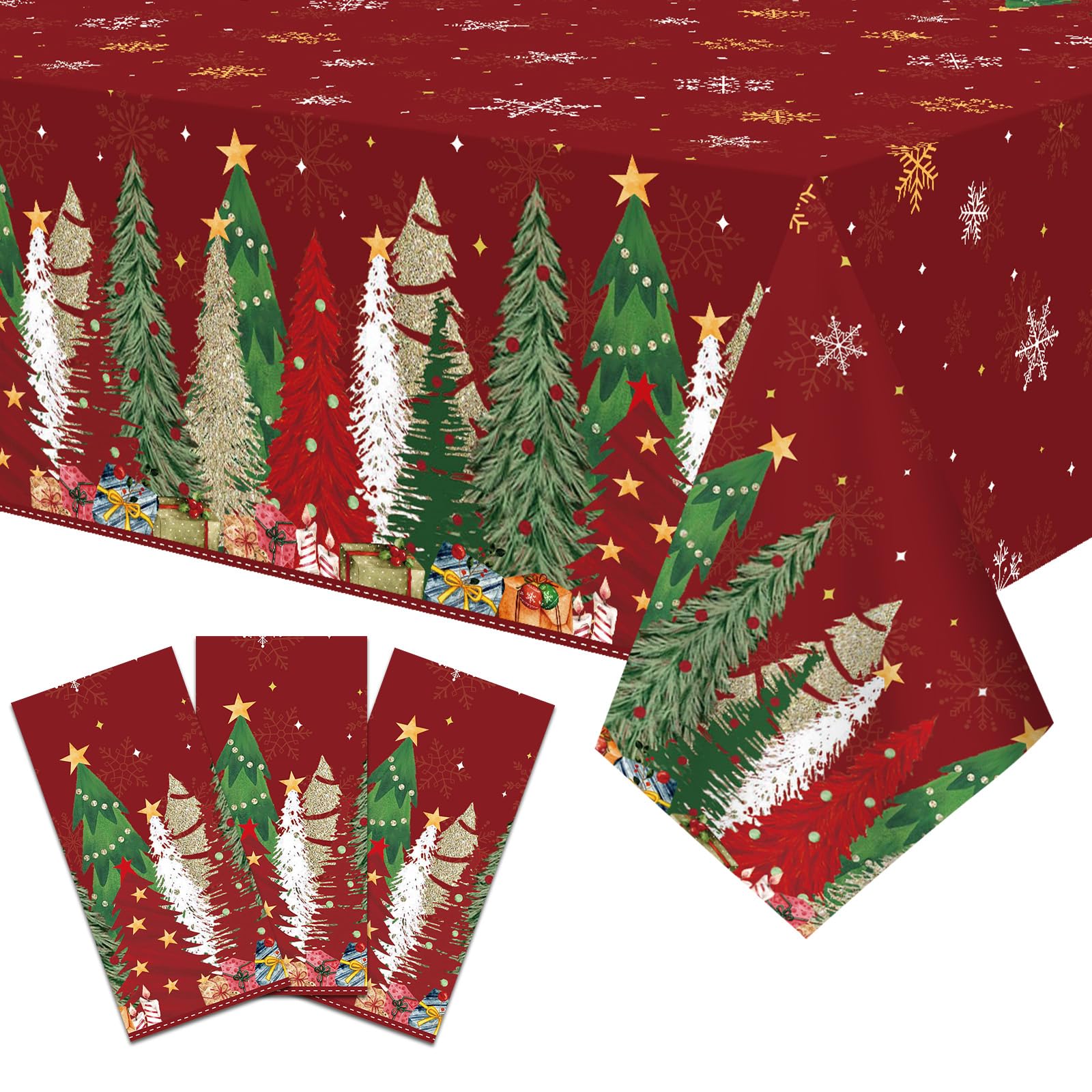 3-Piece 54 x 108 Inch Christmas Tree Plastic Tablecloth - Holiday Disposable Red and Green Table Cover for Christmas Dinners, Wi