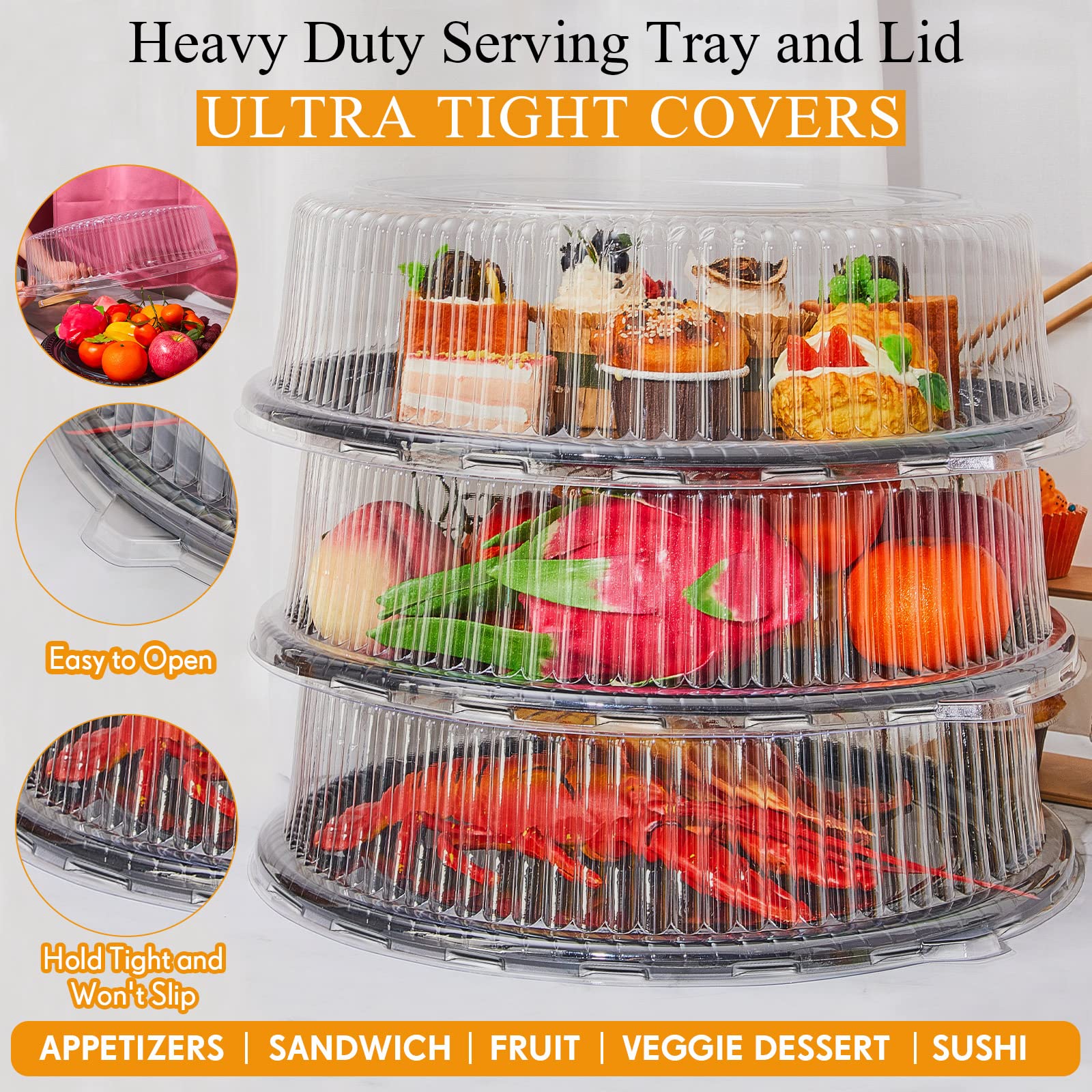 Tessco 12 Pack 12 Inch Heavy Duty Serving Tray With Clear Lid And Sporks, Large Plastic Tray Elegant Platter Round Black Disposa