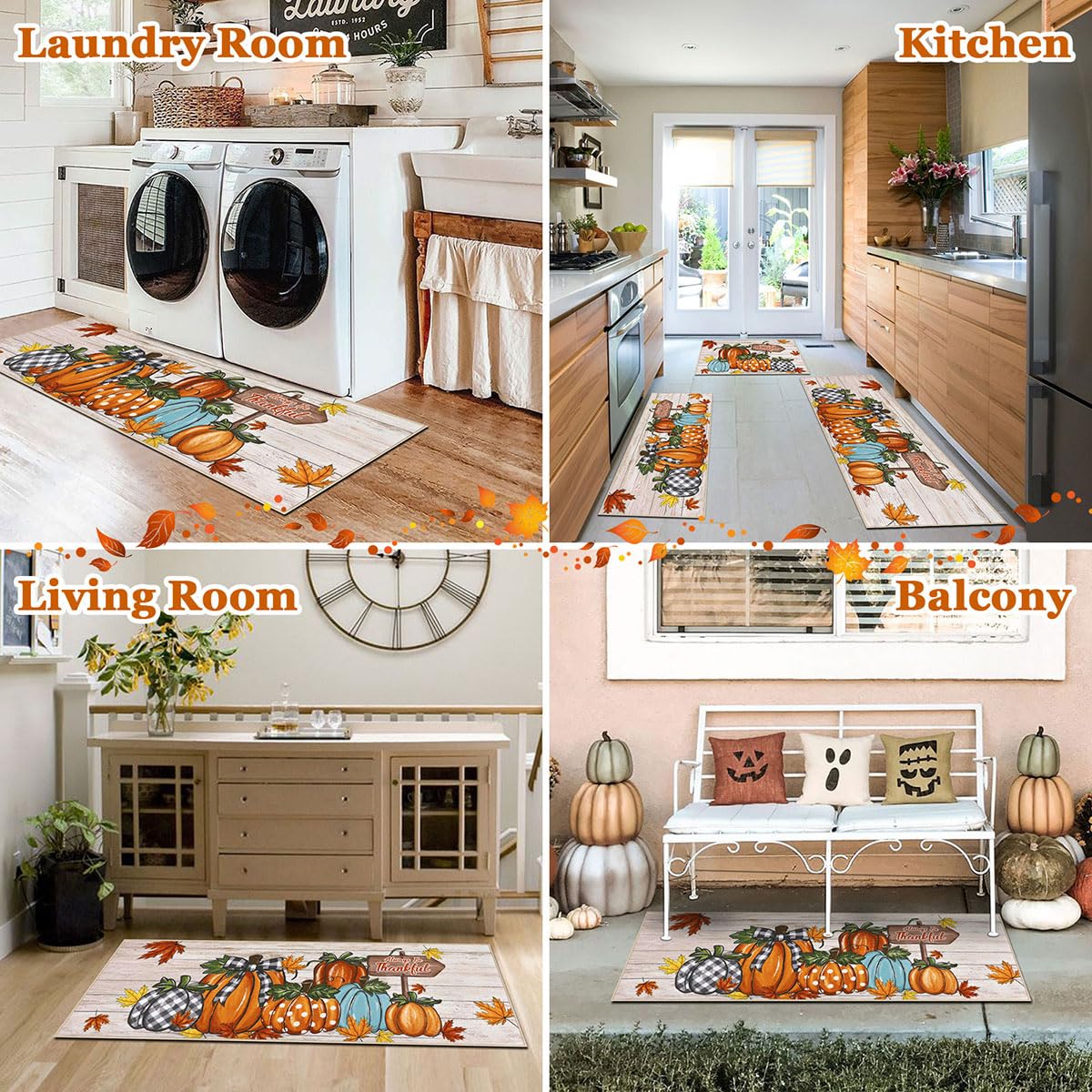 U Artlines Fall Pumpkin Kitchen Rugs with Runner Sets 3 Piece Farmhouse Seasonal Harvest Holiday Party Rugs and Mats Non Skid W
