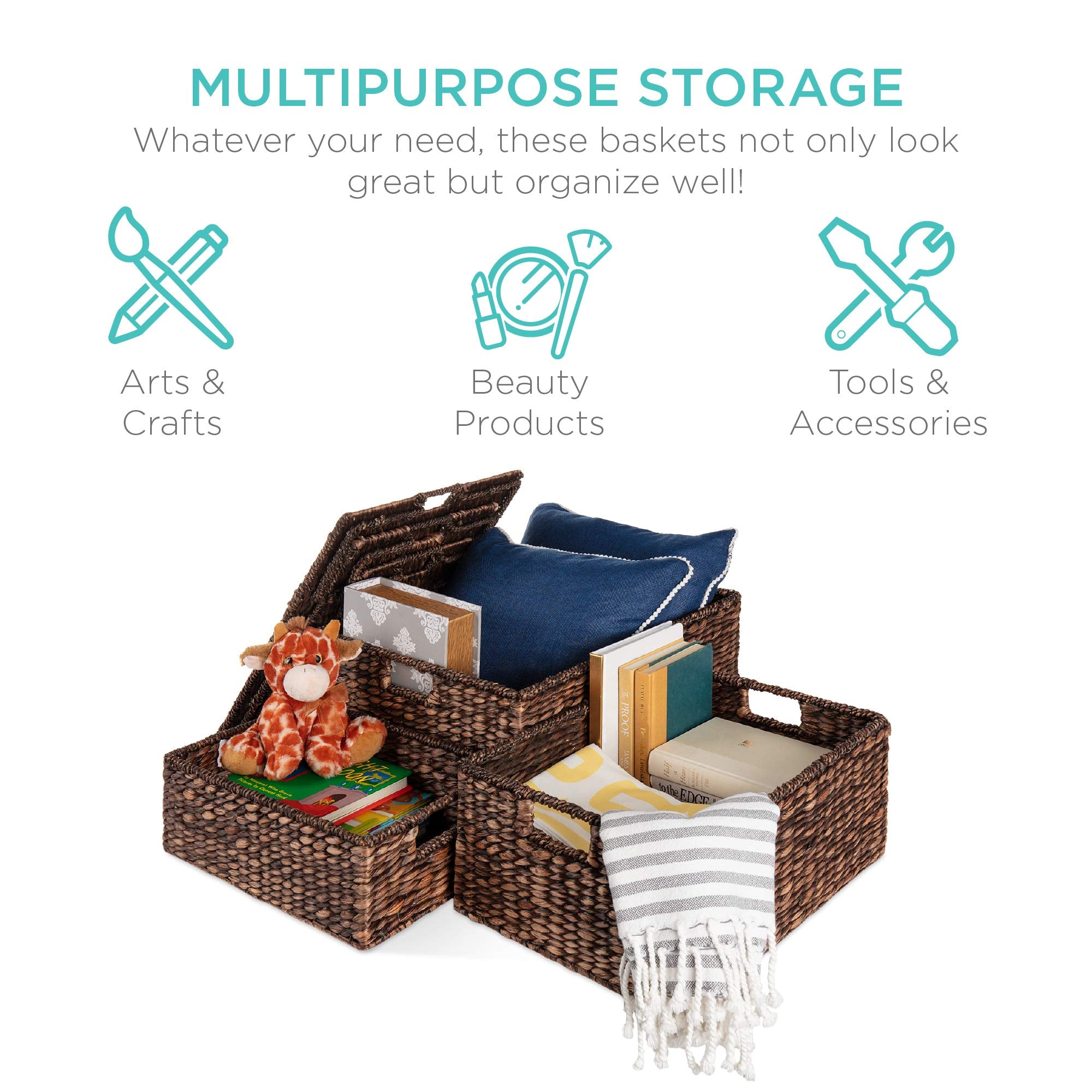 Best Choice Products Set Of 3 Large Multipurpose Hyacinth Storage Baskets, Handwoven Rectangular Organizer Totes For Bedroom, Li