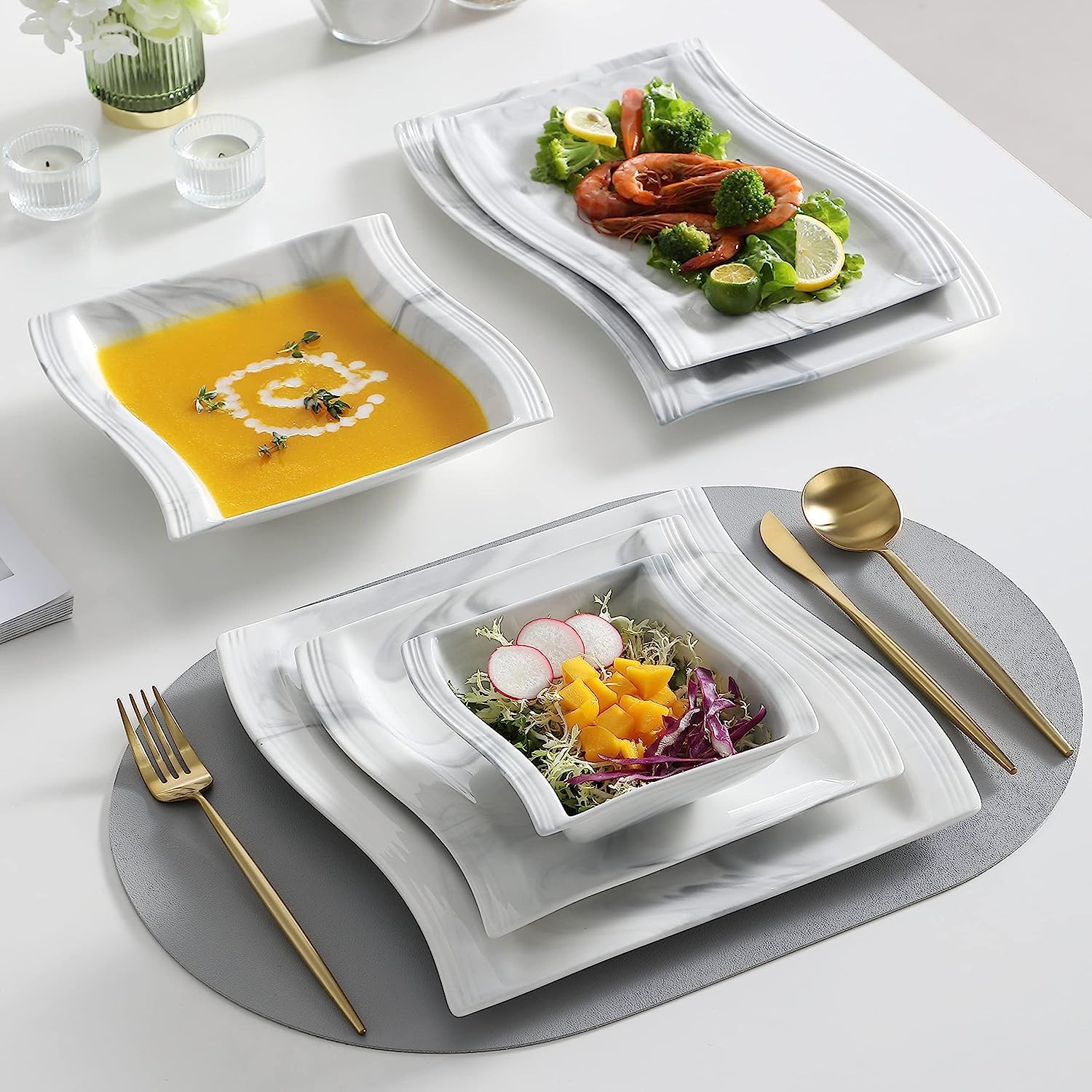 MALACASA 26 Pieces Dinnerware Sets for 6, Porcelain Plates and Bowls Sets, Square Dinnerware Set with Dinner Plates and Bowls, D