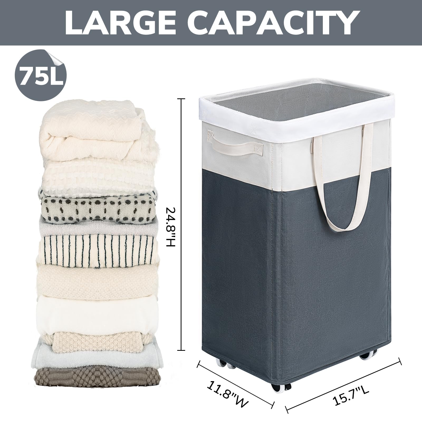 Goodpick Laundry Basket With Wheels, 75L Collapsible Tall Laundry Hamper, Large Laundry Basket With Removable Wash Bag For Corne
