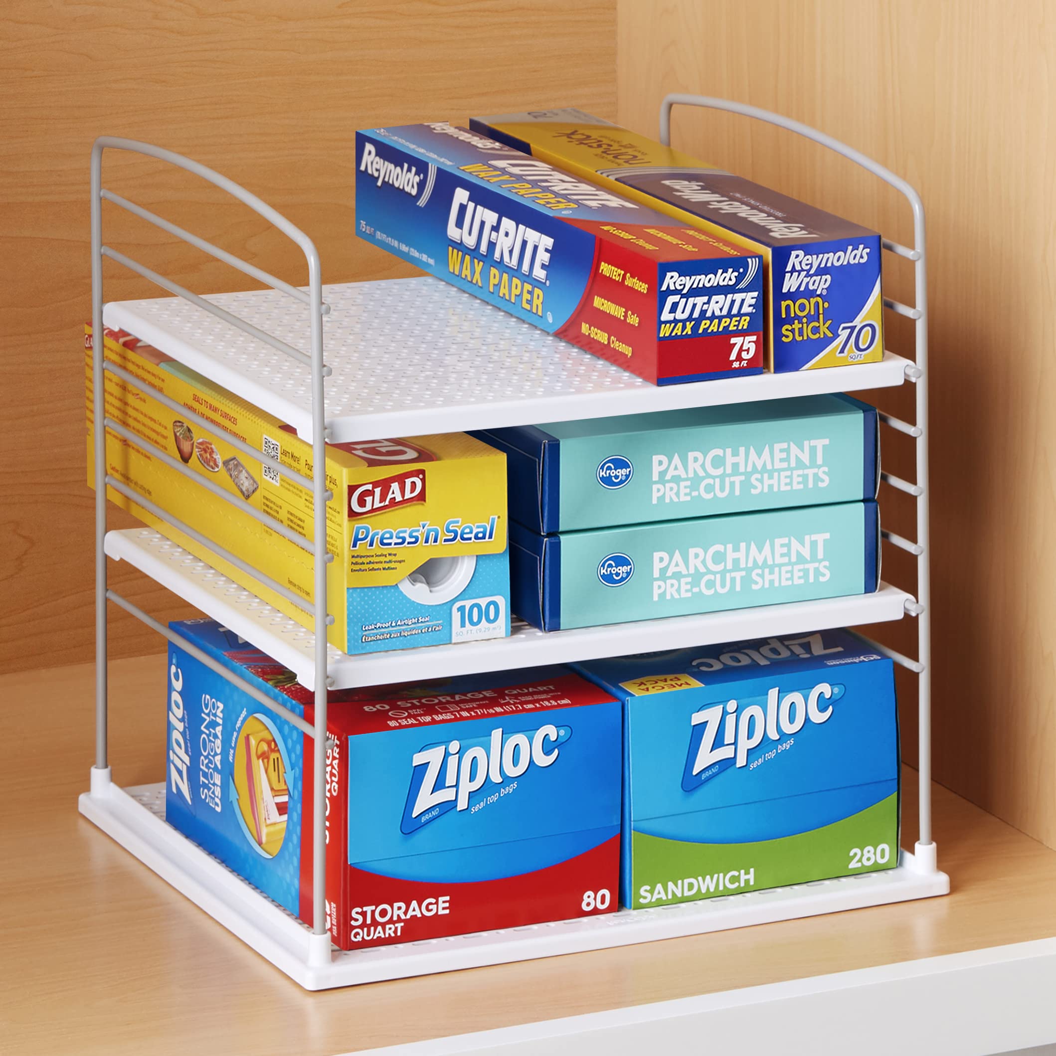 Youcopia Upspace Cabinet Box Organizer, Adjustable Kitchen And Pantry Shelf For Plastic Wrap And Foil Storage, Extra Large, Whit